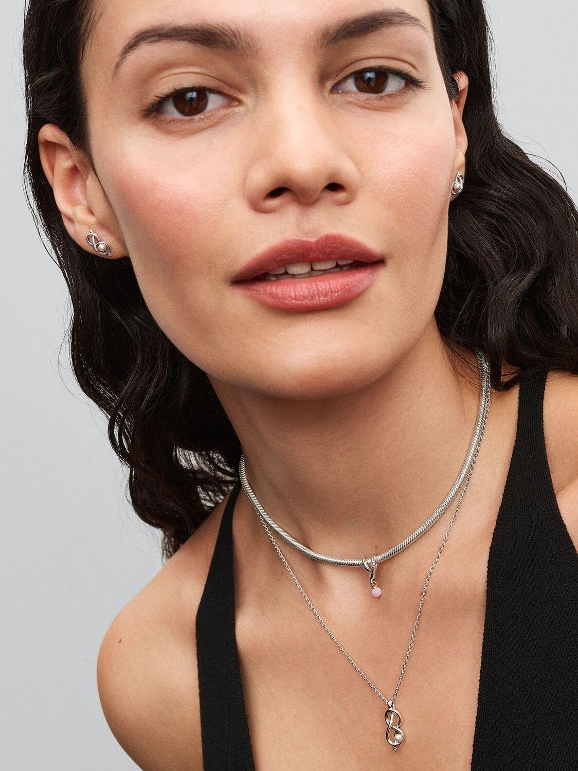 Pandora Moments 393762C01-50 Collier nœud Infini en Argent Sterling Avec zircone et Perle artificielle, Taille : 50 cm, 50 cm, Argent Sterling, Zircone cubique