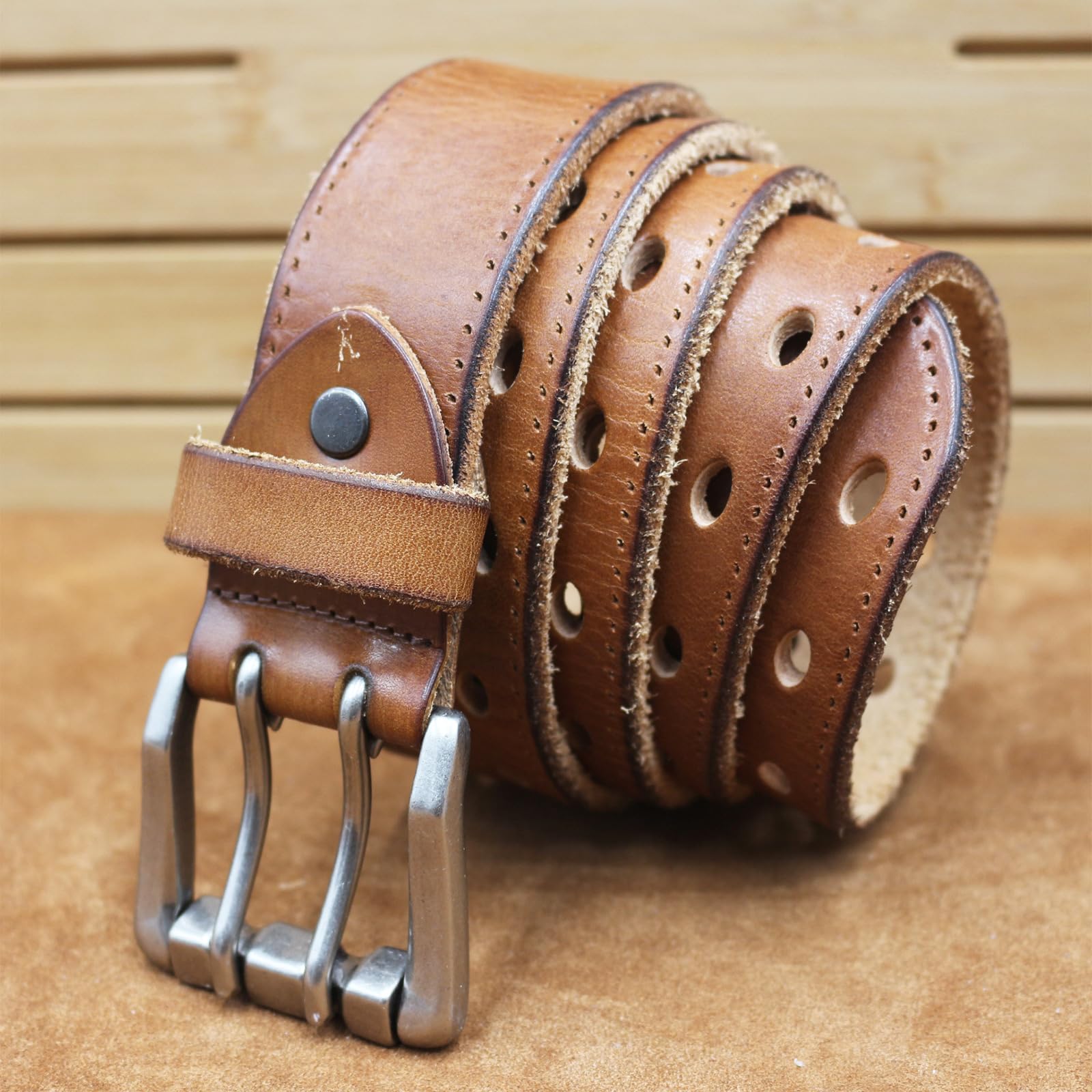 Ceinture De Travail pour Homme Cuir Pleine Fleur Très Résistant Aspect Vieilli Ceinturon Boucle à Double Ardillon, Sangle De Taille à 2 Trous(120cm/47, Brown)
