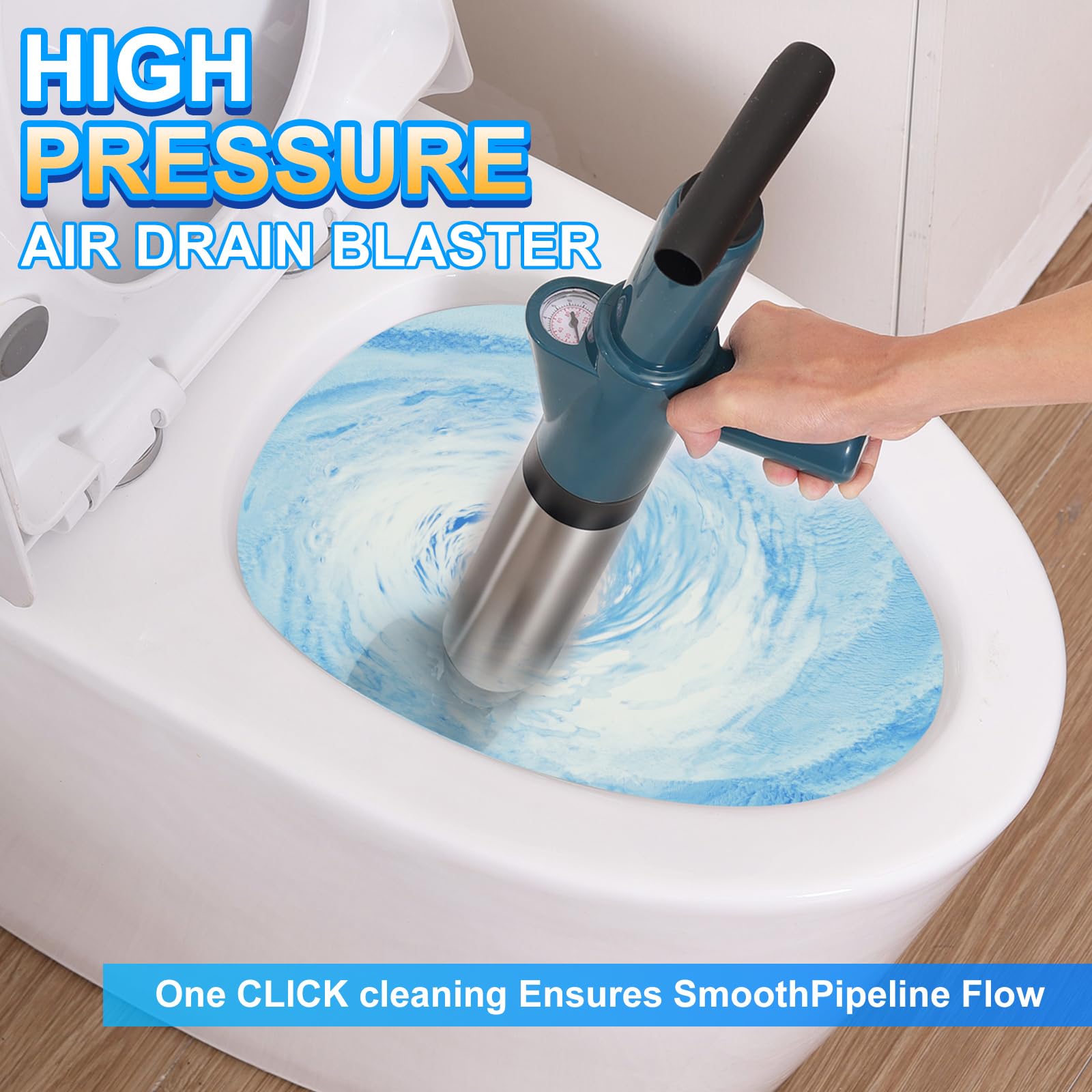 Pipe Cleaner Compressed Air, Drain Cleaner Pump with Air Compression and Air Pressure Display, Compressed Air Pipe Cleaner with 4 Suction Cups and Without Hole Hanger for Toilets, Bathrooms, Kitchens, - Image 2