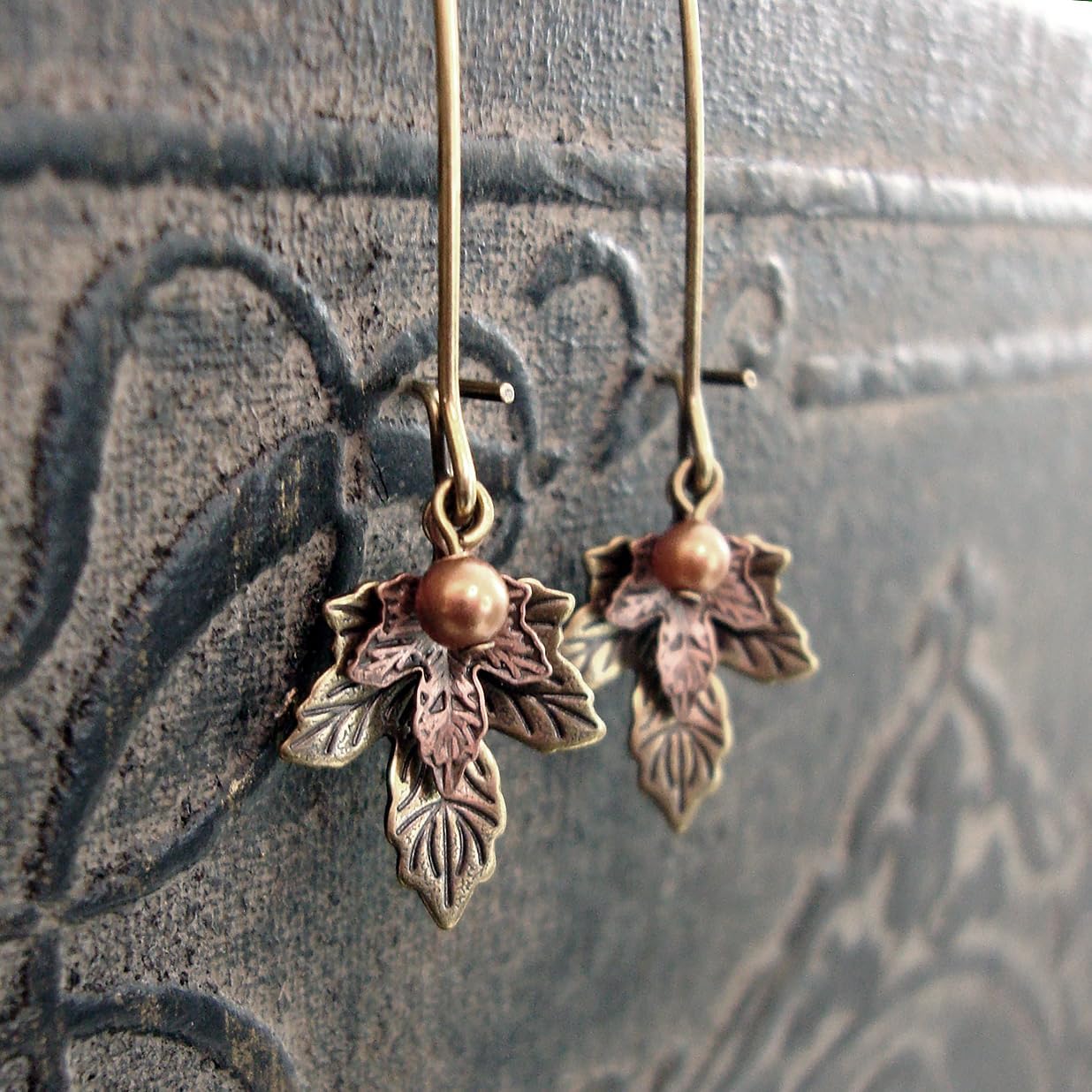 Vintage Style Autumn Maple Leaf Earrings in Antiqued Brass