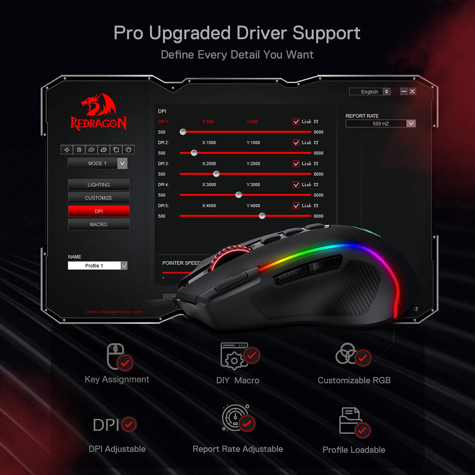 Redragon M612 Predator RGB Gaming Mouse 8000DPI Mouse ottico cablato con 11 pulsanti programmabili e 5 modalità di retroilluminazione, software supporta Keybinds Rapid DIY