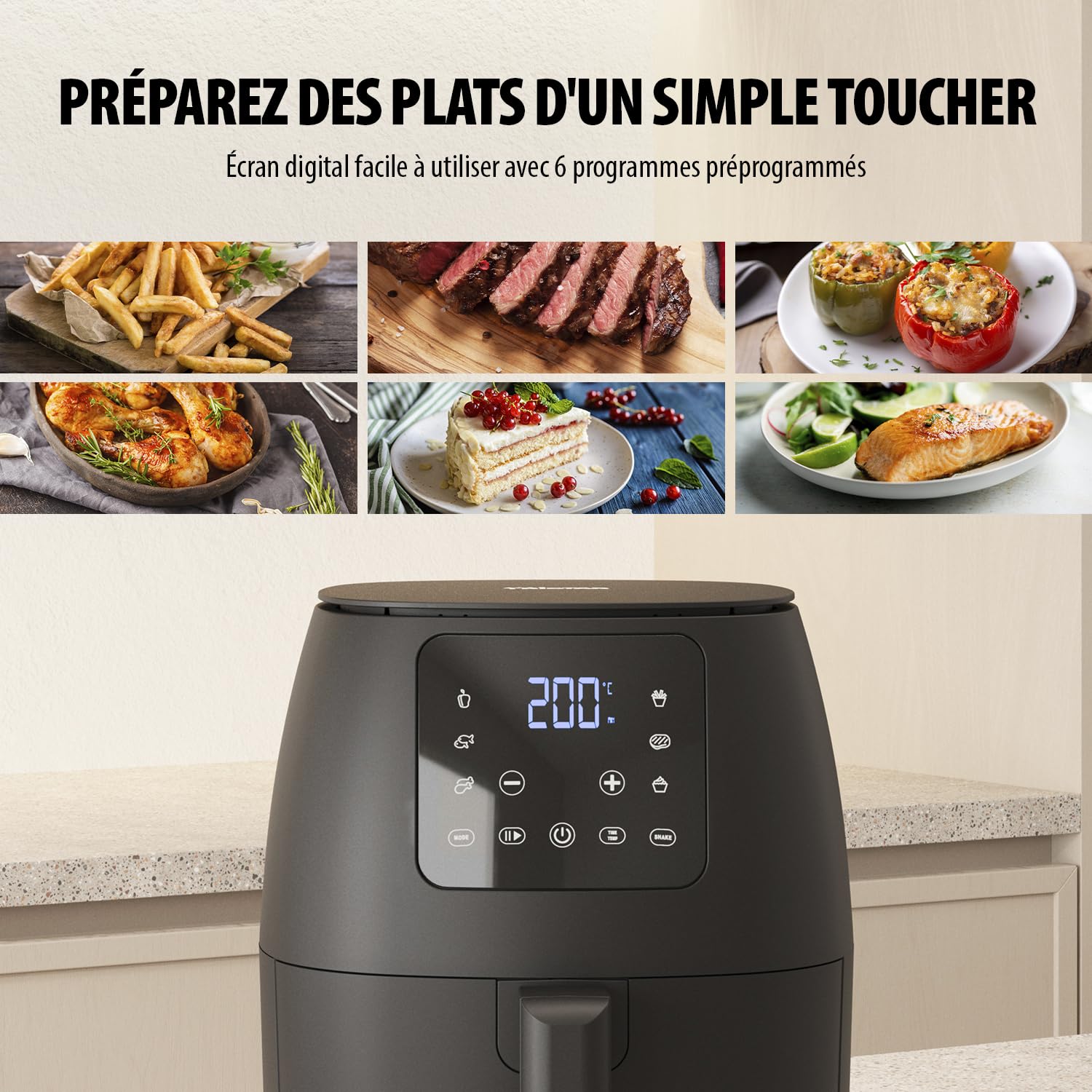 Tristar Mini Friteuse à air numérique - Sans huile - 6 programmes de cuisson - Revêtement antiadhésif - Thermostat réglable - 2L - 1500W - FR-9015, Noire
