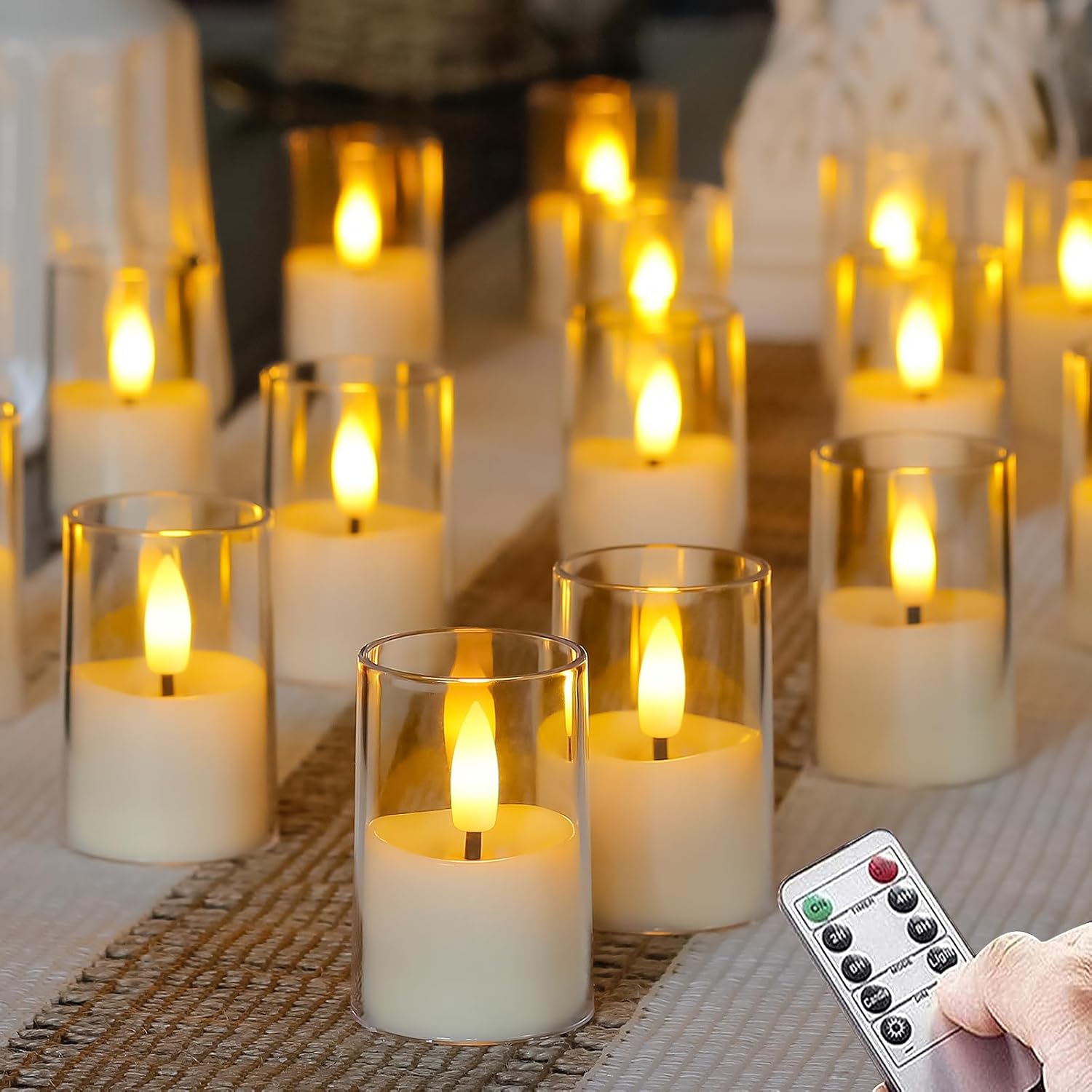 Flameless Small Tea Light LED Candles, Acrylic Battery Operated Votive 1.7" x2.5" with Remote Control and Timer, Tealight White Flickering Warm Light Pack of 15 Electric Long Lasting