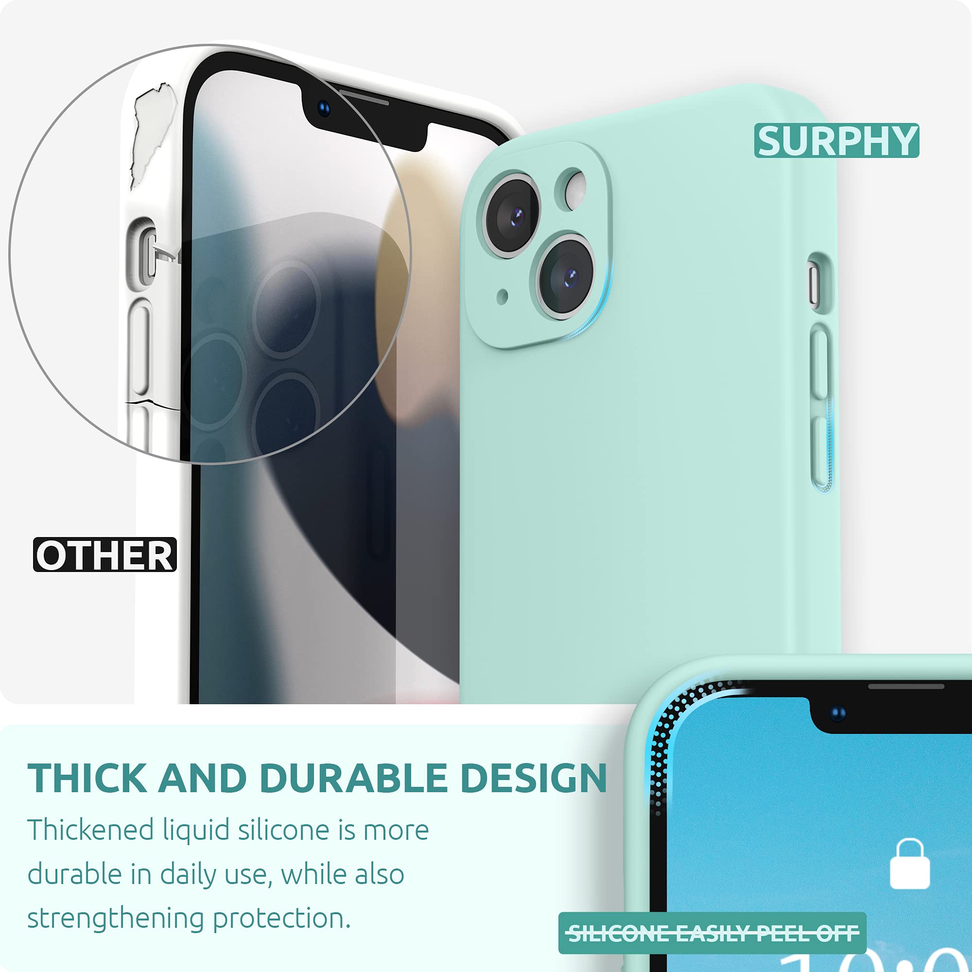 SURPHY Cover Compatibile con iPhone 13 (6,1”), Custodia in Silicone per iPhone 13 Cover Antiurto con Protezione Individuale per Ogni Lente Full Body Protettiva Case per iPhone 13 2021, Verde Mare