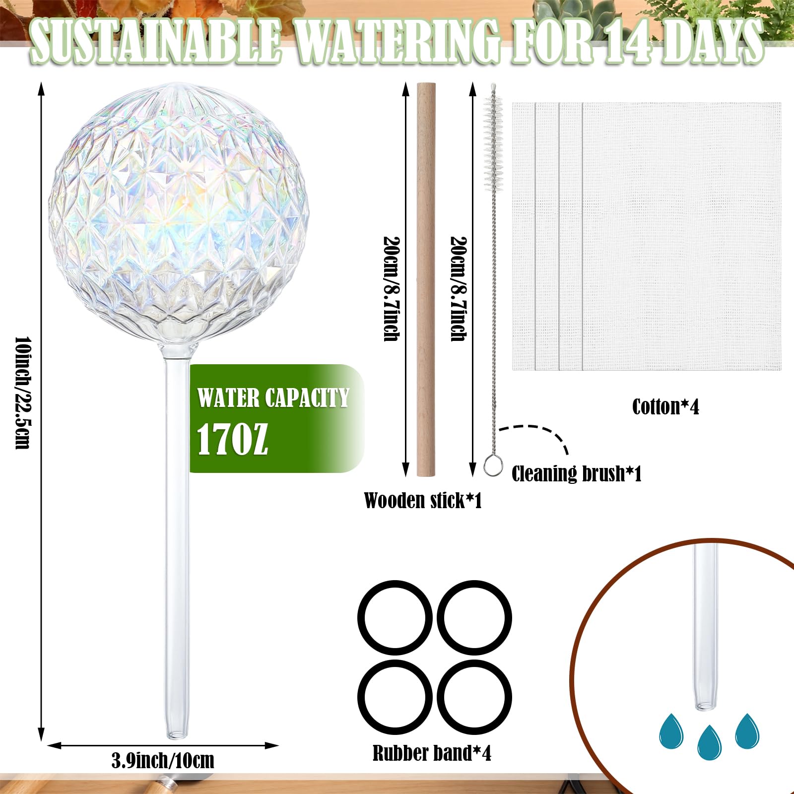 Thenshop Lot de 6 globes d'arrosage de plantes de 481,9 g - 2 semaines - Grand dispositif d'arrosage automatique - Ampoules en verre irisé avec accessoires complets - Irrigation goutte à goutte
