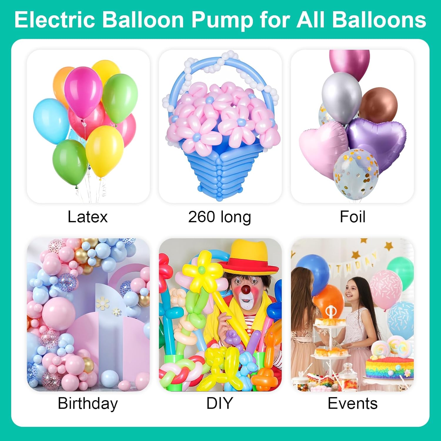 Electric Balloon Pump, Dagelar 3-in-1 Air Pump for Inflatables and Balloons, Portable Balloon Pump for Latex 260Q Long Foil Balloons, 110V Dual Nozzle Inflator Deflator for Pool Floats Air Beds (Teal)