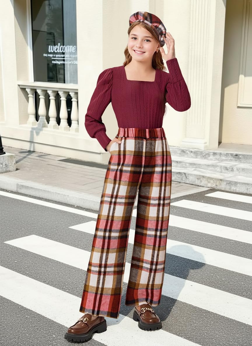 Teen Girl Clothes Girls Outfits 3Pcs Square Neck Puff Sleeve Top Wide Leg Plaid Pants Kids Clothes Fall 6-14Y - Image 2