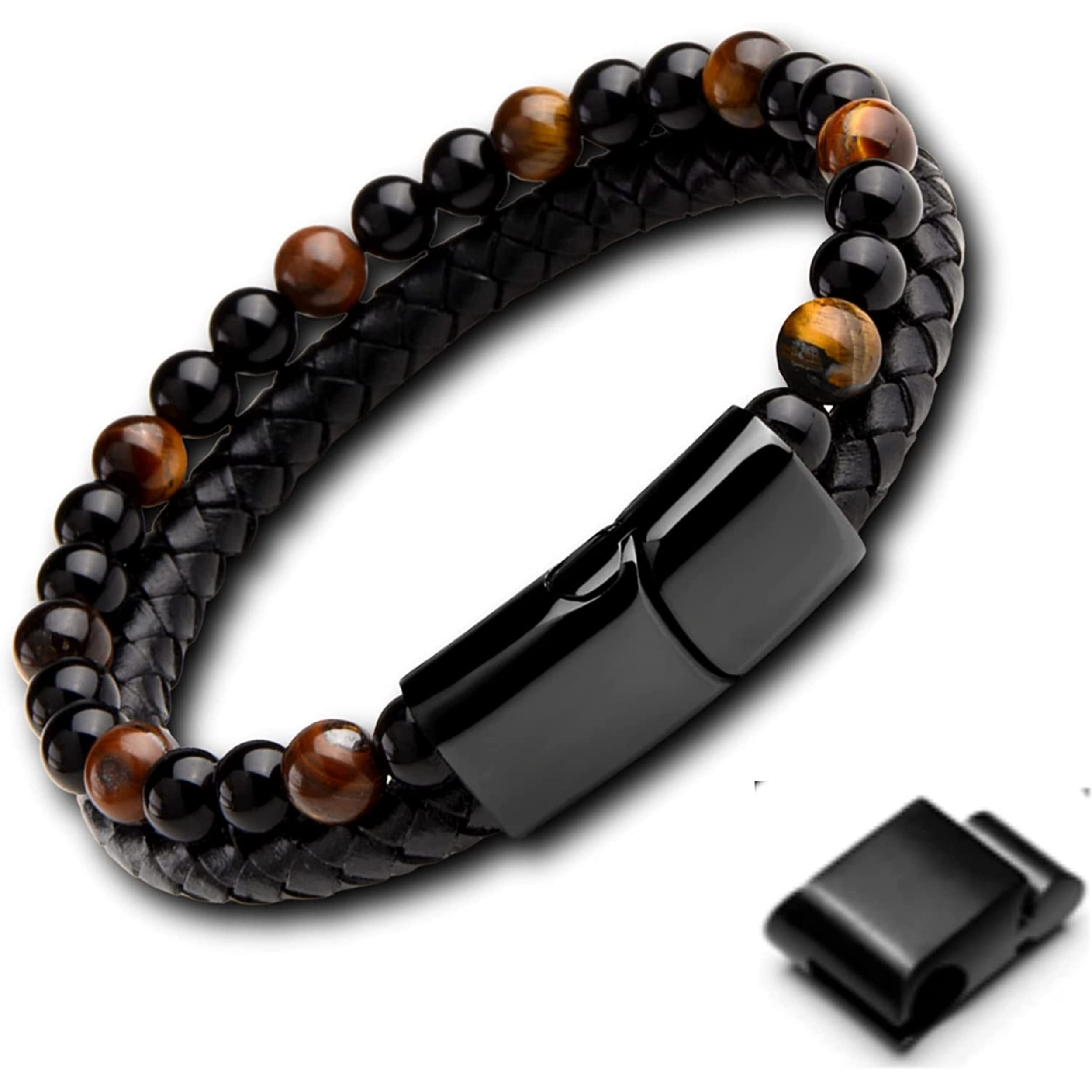 genac Pulsera original para hombre con perlas de piedras naturales de 6 mm y piel auténtica con cierre magnético extraíble de acero inoxidable para ajustar fácilmente la longitud