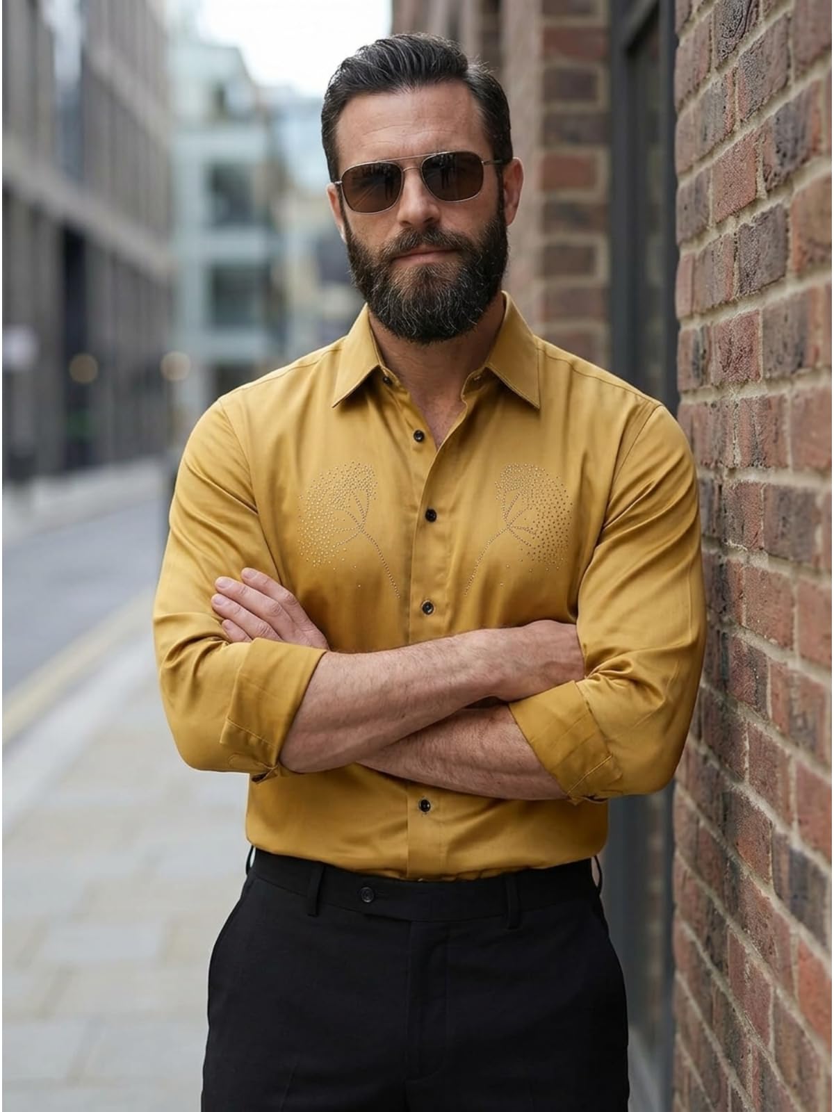 IndoPrimo Elegante camisa de satén para hombre, corte normal, estilo casual, estilo de diseñador, trabajo de piedra, fiesta, manga formal