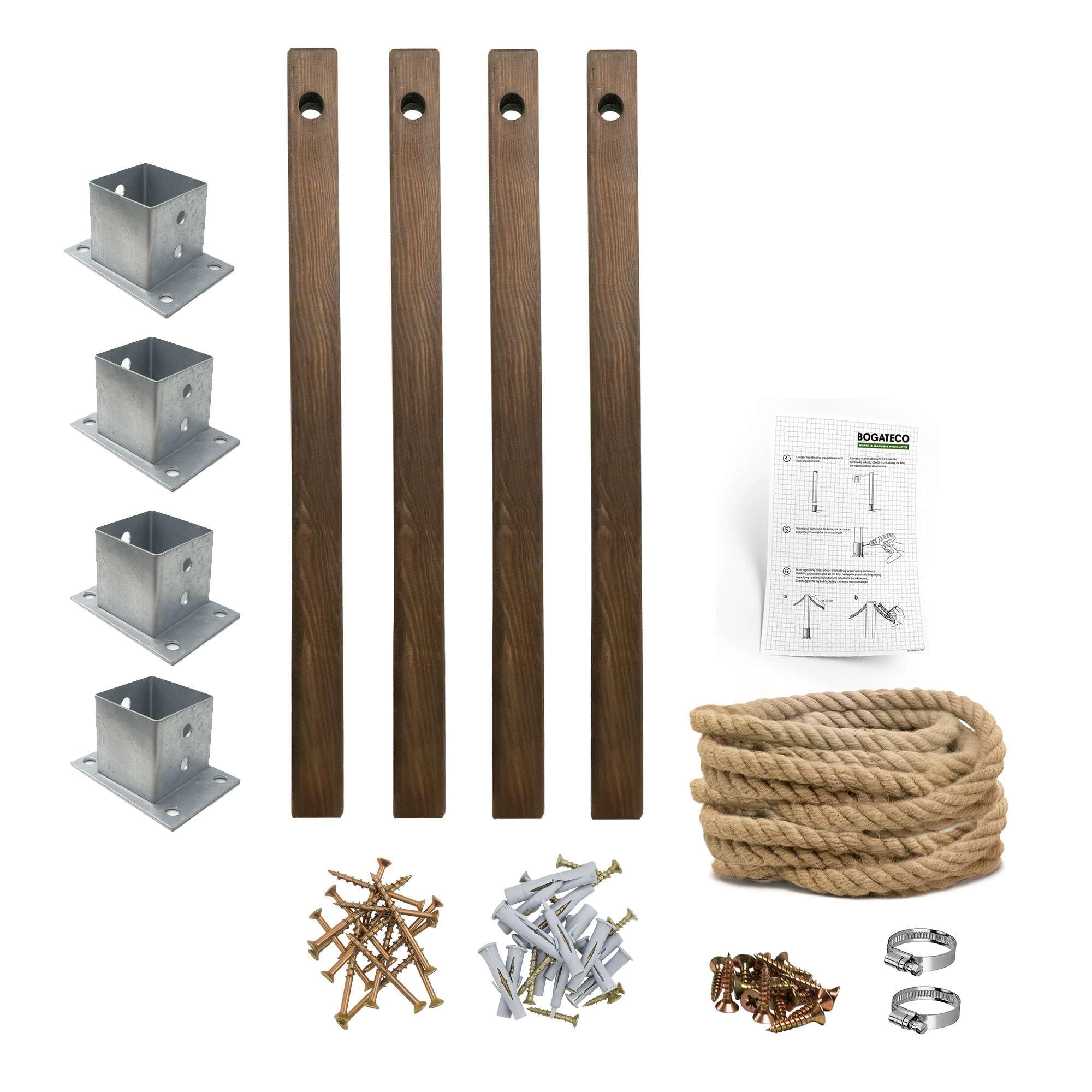 BOGATECO Panel de valla de madera con cuerda de yute, valla de vela, 8 m, 13 longitudes diferentes, kit de montaje que incluye funda de base con placa de enchufe