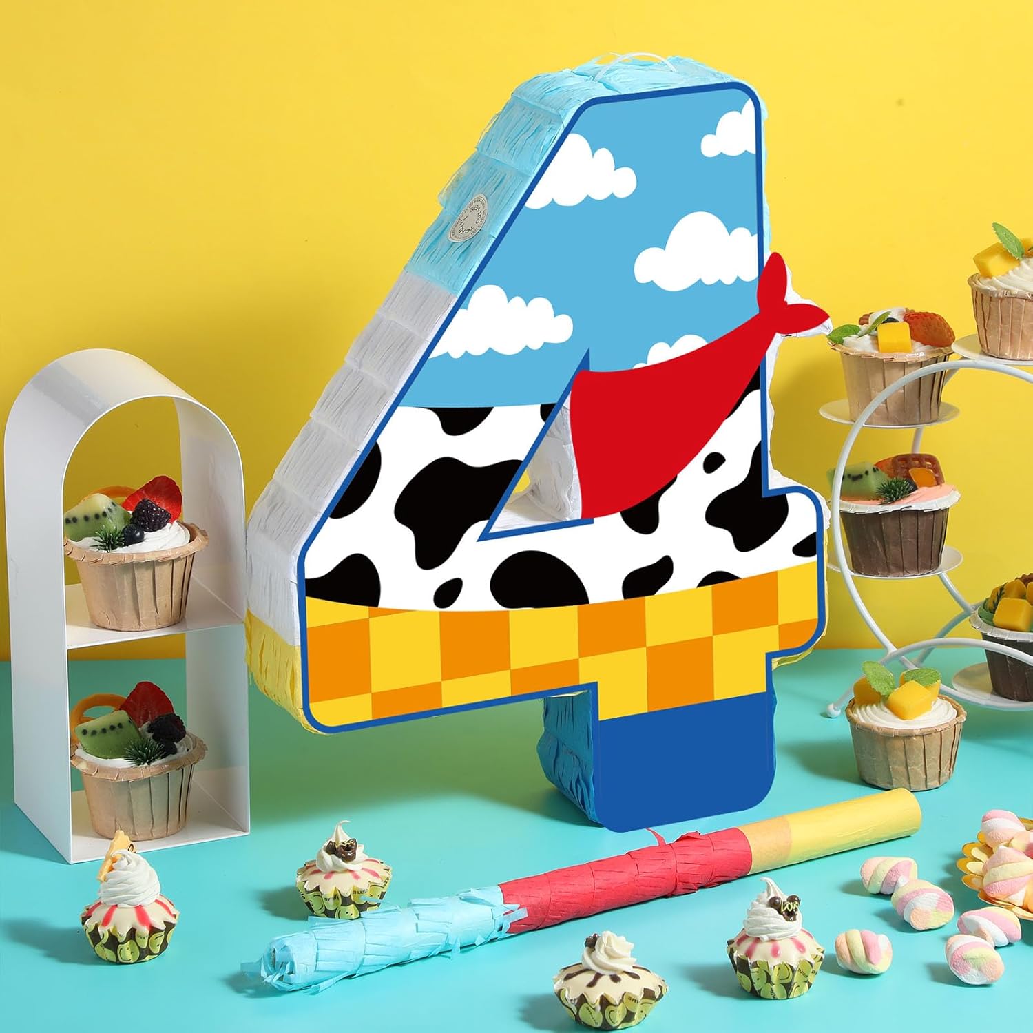 Hungdao Toy Inspired Birthday Piñata for Kids Cartoon Cow Number Piñata Decorations Summer Cartoon Story Game with Stick Red Scarf Blue Sky Cloud Boys Girls Baby Shower Farm Party Favor(Number 4)