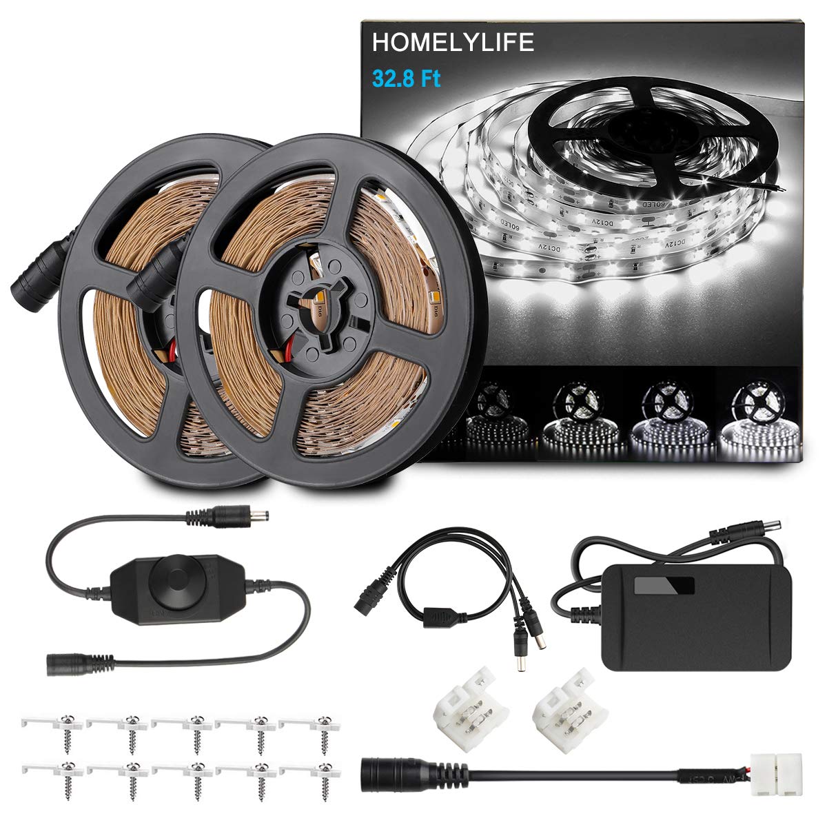HOMELYLIFE Dimmable LED Strip Lights, 32.8ft 6500K Daylight White Light Strip Kit, 600 LEDs SMD2835 Non-Waterproof 12V LED Vanity Mirror Light, Under Cabinet Lighting Strips, UL Listed Power Supply