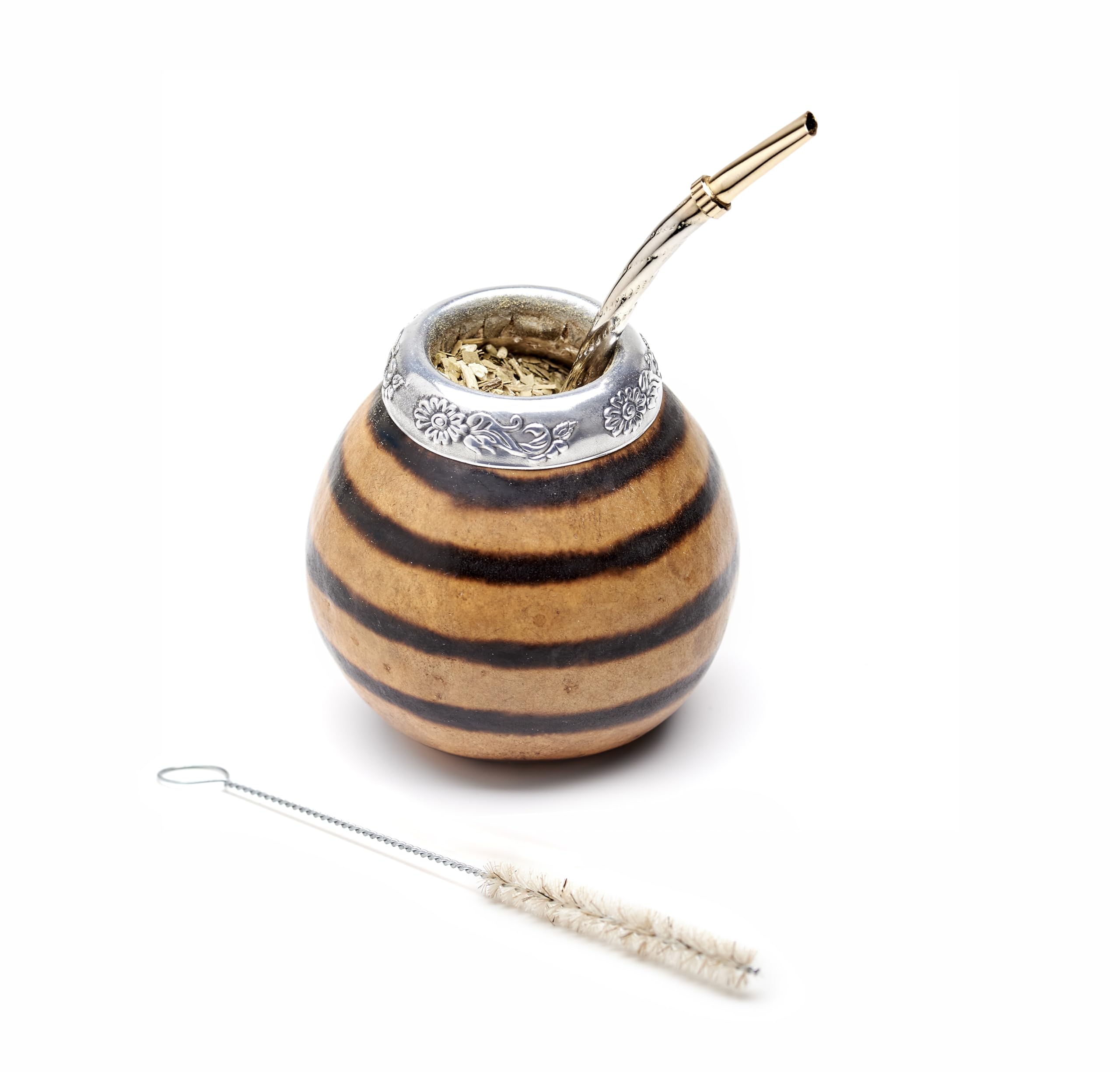 Yerba Mate Gourd Set (Original Natural Handmade Yerba Mate Cup Argentina) - Includes Mate Tea Cup, Bombilla (Mate Straw) and Clean Brush - Classic Mate Cup and Bombilla Set (01)