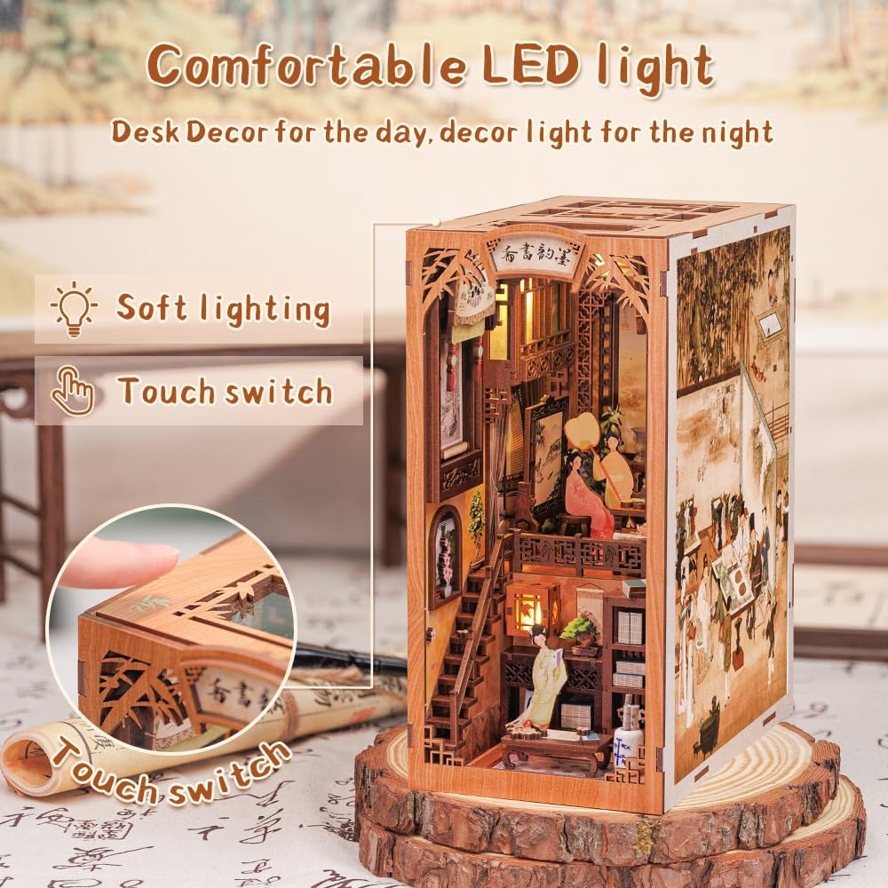 CUTEBEE fai da te Book Nook Kit con coperchio antipolvere,fai da te in miniatura casa delle bambole Booknook Bookshelf Insert Bookend Stand Modello Build Kit con luce LED (Ink Rhyme Bookstore)