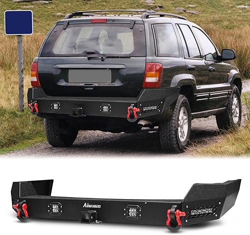 Parachoques trasero compatible con parachoques trasero Grand Cherokee WJ de acero negro 1999 2000 2001 2002 2003 2004 con placa de cabrestante y