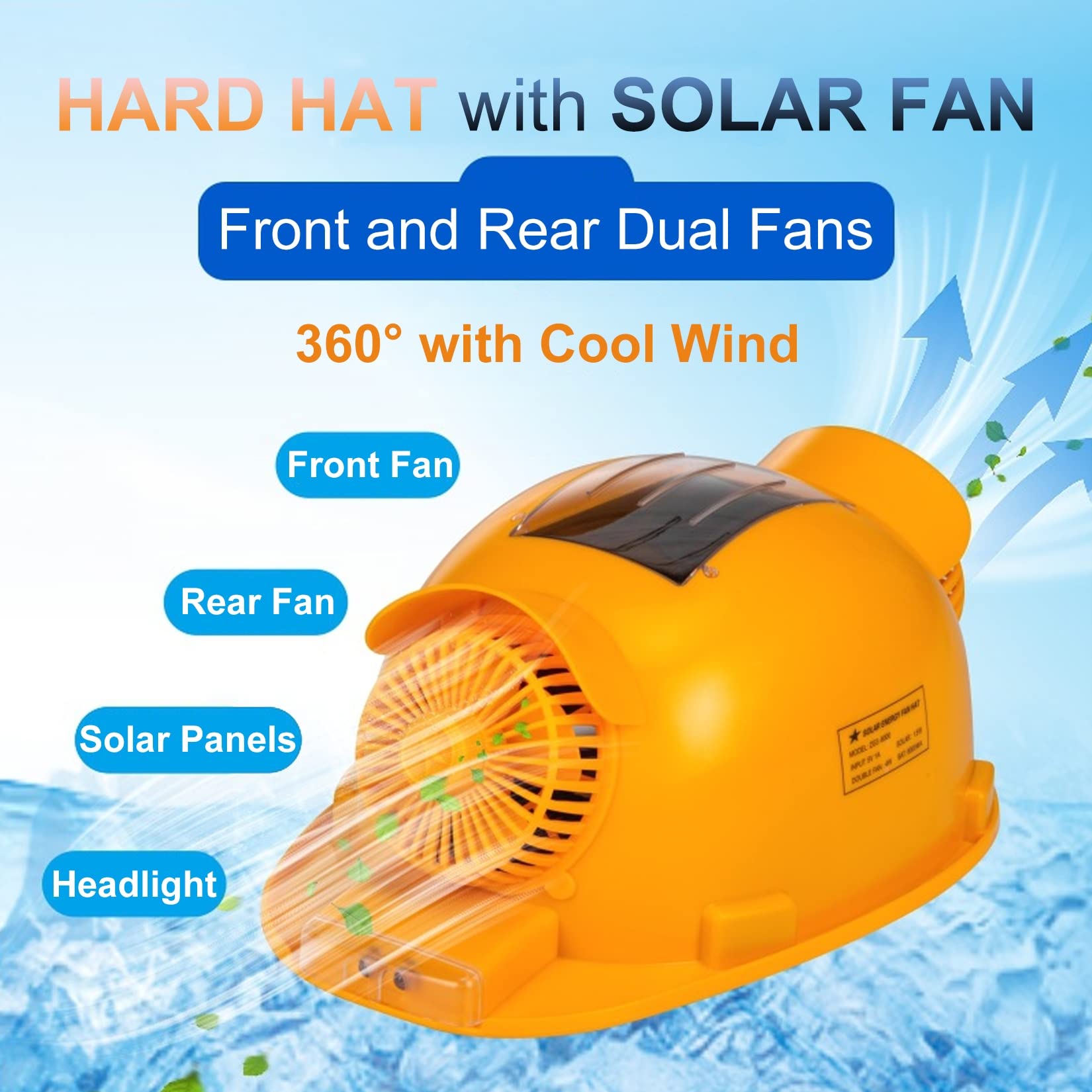 Unisex Construction Hard Hat with 2 Solar Fan And Light, Mens Waterproof Working Helmet, Great for People working in The Heat,Blue,12000mAh
