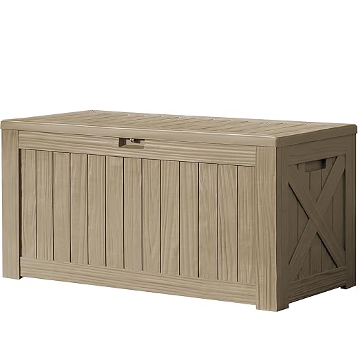 Devoko 120 Gallon Deck Box Resin Outdoor Storage Box Waterproof for Patio, Large Outdoor Storage Bench Lockable for Outside (Brown)