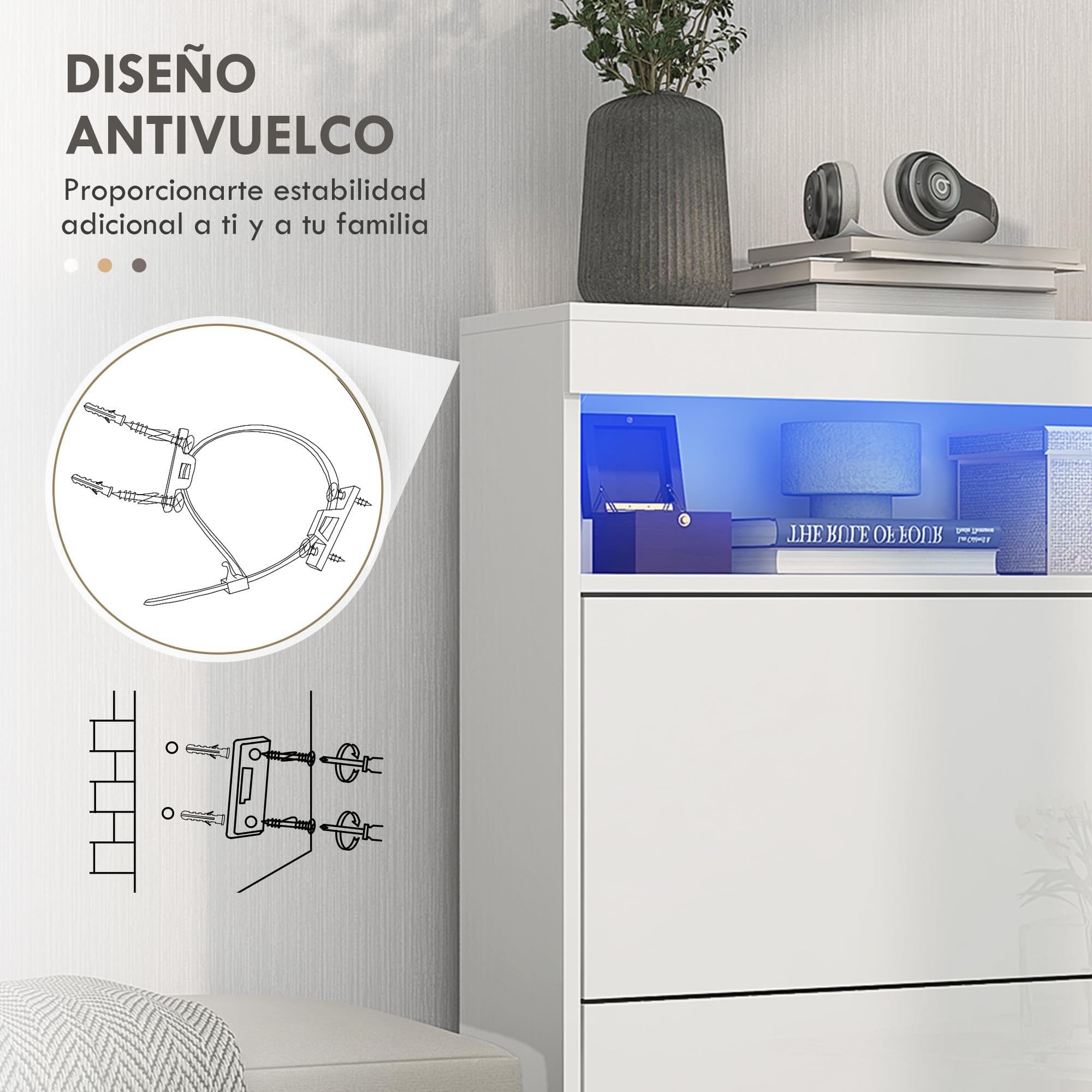 HOMCOM Mueble Zapatero de Recibidor con LED Blanco Brillo 80x24x99,5 cm | Armario Zapatero Independiente o Pared, Estante Abierto, 2 Cajones Abatibles, para 12-16 Pares de Zapatos
