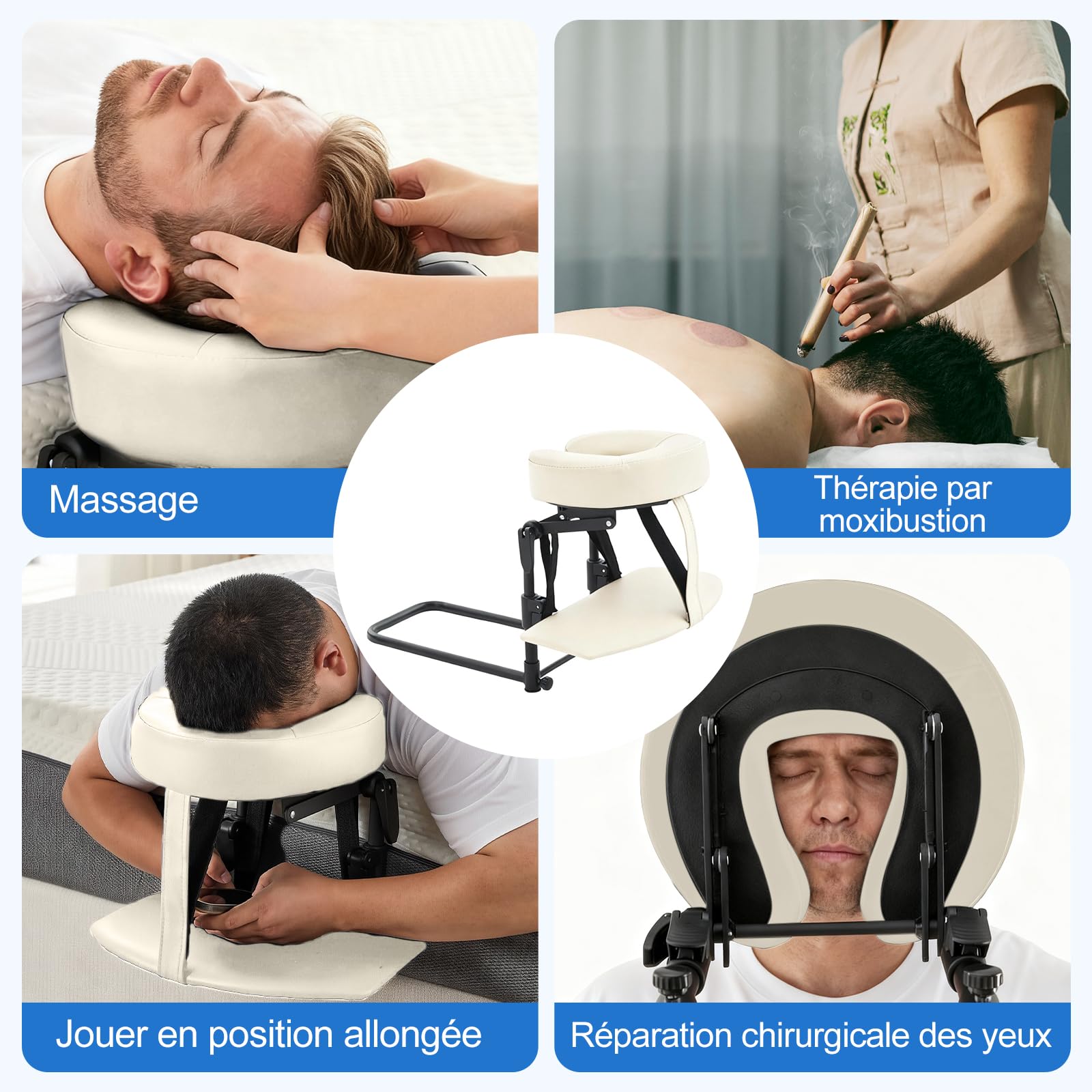 Perfeclan Oreiller de Massage Facial avec Support Réglable, Appui-Tête Ergonomique pour Matelas, Hauteur Ajustable, Kit de Massage Facial Complet avec Planche Mains et Coussin Cuir PU, Beige Blanc