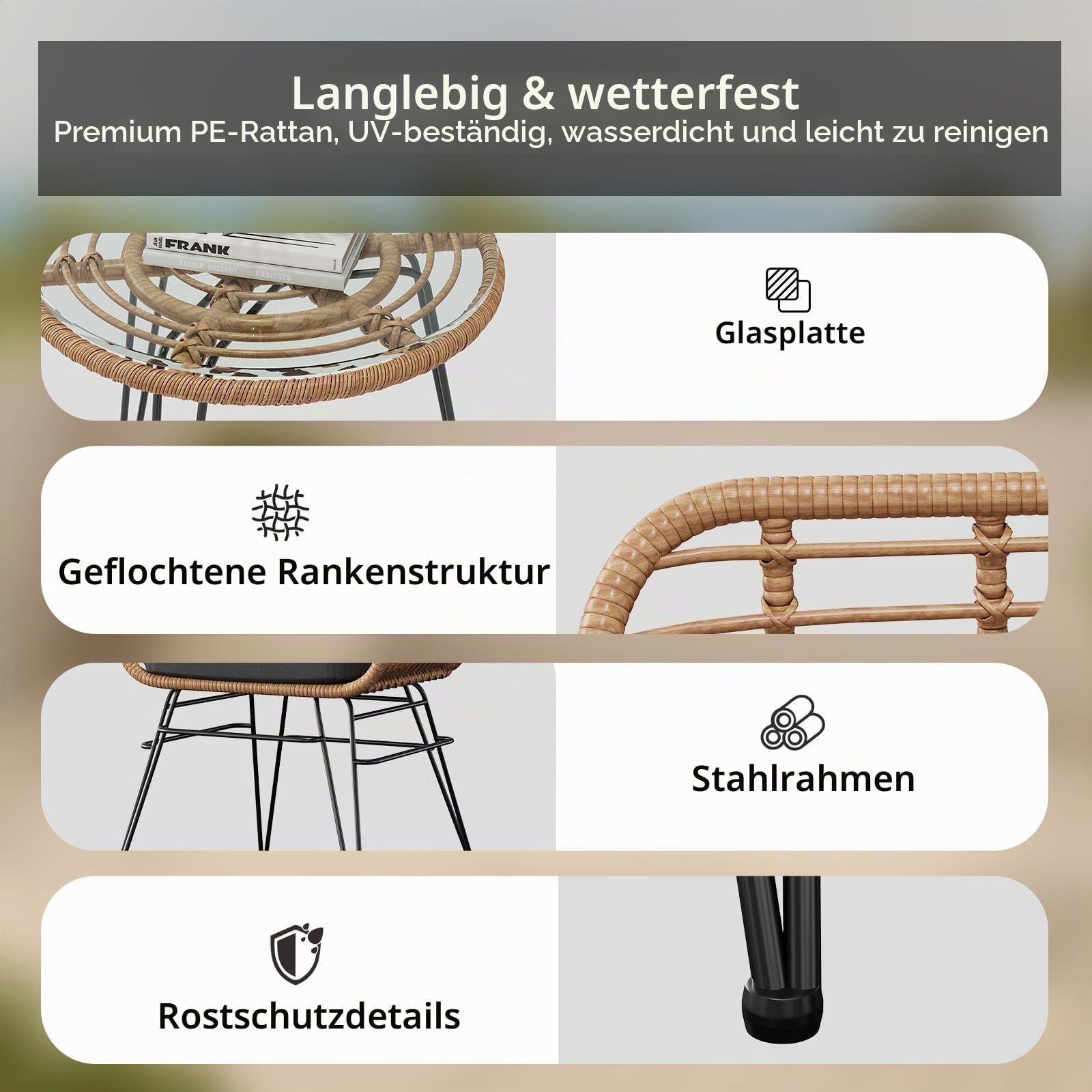 3-teiliges Rattan Gartenmöbel Set, Bistrotisch mit 2 Stühlen，Balkonmöbel
