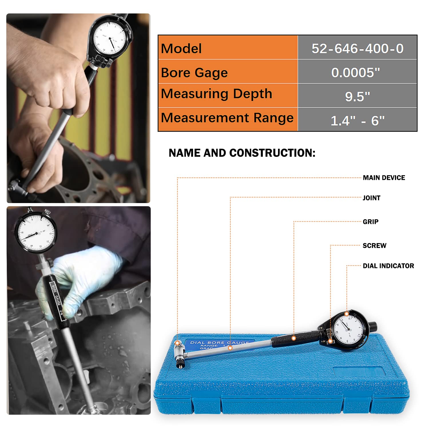 52-646-400-0 para kit de calibre de diámetro de esfera extensor, rango de 1.4 a 6 pulgadas, profundidad de medición de 9.5 pulgadas, calibre de diámetro de esfera de graduación de 0.000 pulgadas
