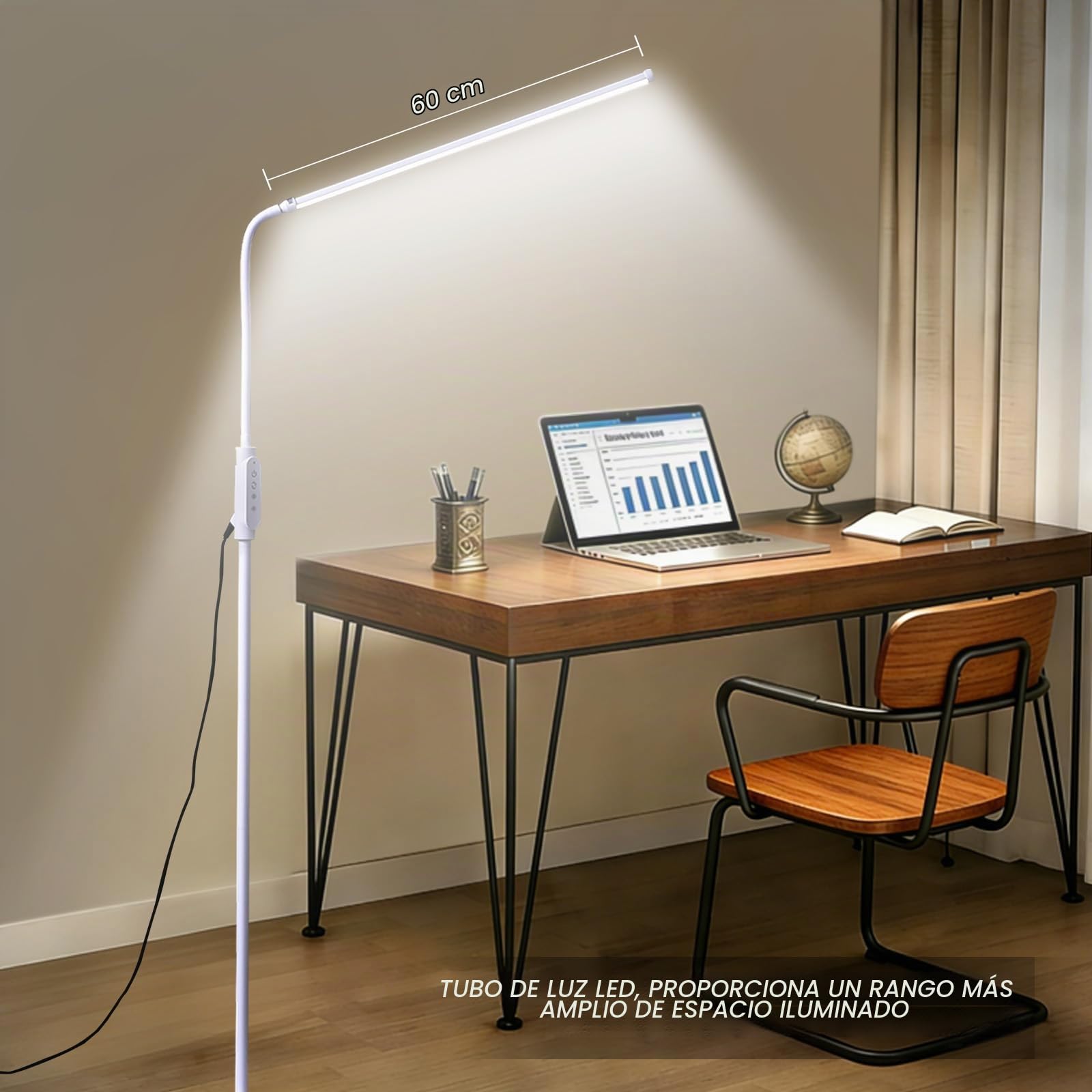 CGBE 60cm Lampara de Pie Salon 18W con Control Táctil - 3 Modos y 5 Brillos | LED Lámpara de Pie Sin Parpadeo 360° Flexible Lampara de Suelo para Dormitorios Oficinas Lectura Pestañas Tatuajes