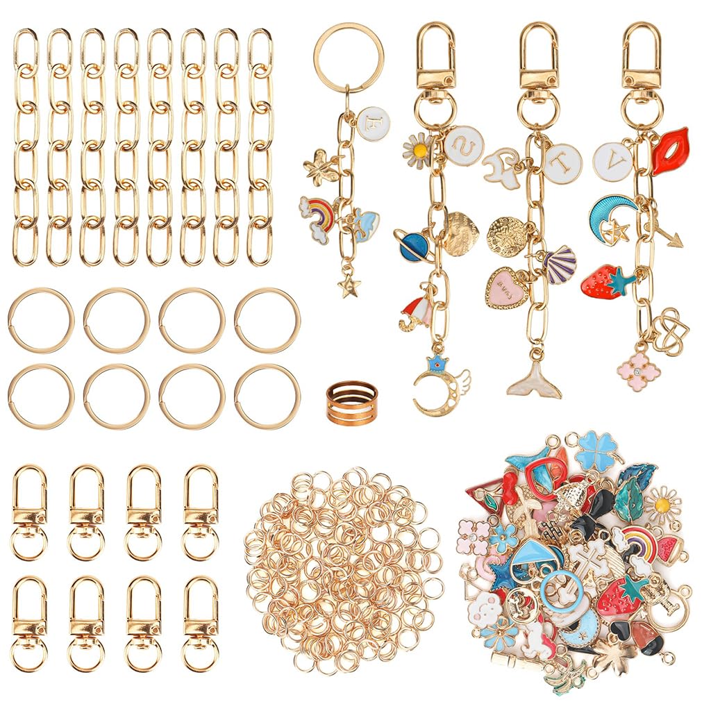 105pcs DIY Link Chain Charm Kit Fashion Phone Bag Charm Keyring Craft Kits, Include Assorted Pendants, Gold Zinc Alloy Keyrings, Connector Rings and Link Chains-image-25