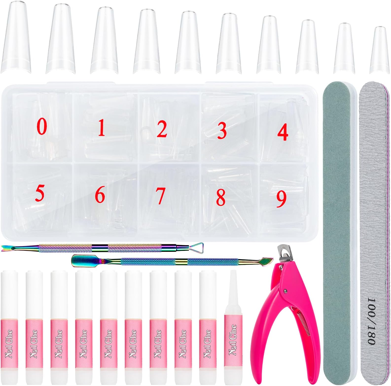Clear Coffin Nail Tips, 500PCS Half Cover False Nails Tips, Acrylic Nail Tips, 10 Sizes French Artificial Tips with Nail Glue Clipper Files Cuticle Fork for Nail Extension DIY
