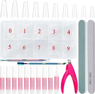 Clear Coffin Nail Tips, 500PCS Half Cover False Nails Tips, Acrylic Nail Tips, 10 Sizes French Artificial Tips with Nail Glue Clipper Files Cuticle Fork for Nail Extension DIY