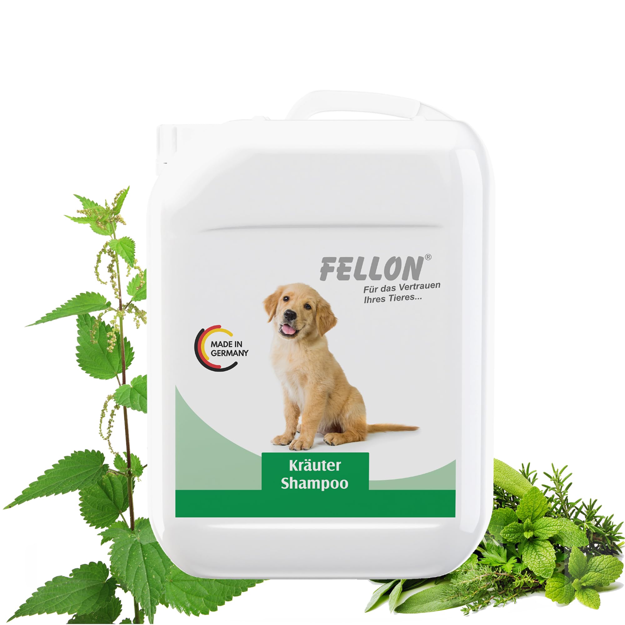 Fellon Kräutershampoo für Hunde – pH-neutrales Hundeshampoo mit natürlichen Kräuterextrakten – Fellpflege für glänzendes Fell, silikonfrei, hautfreundlich, für Welpen & alle Felltypen – 10 Liter