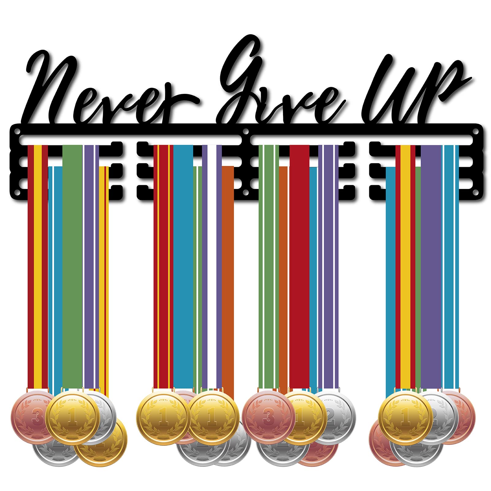 Porte Médaille Noir Never Give Up en Métal avec 3 Barreaux pour Coureurs et Gymnastique