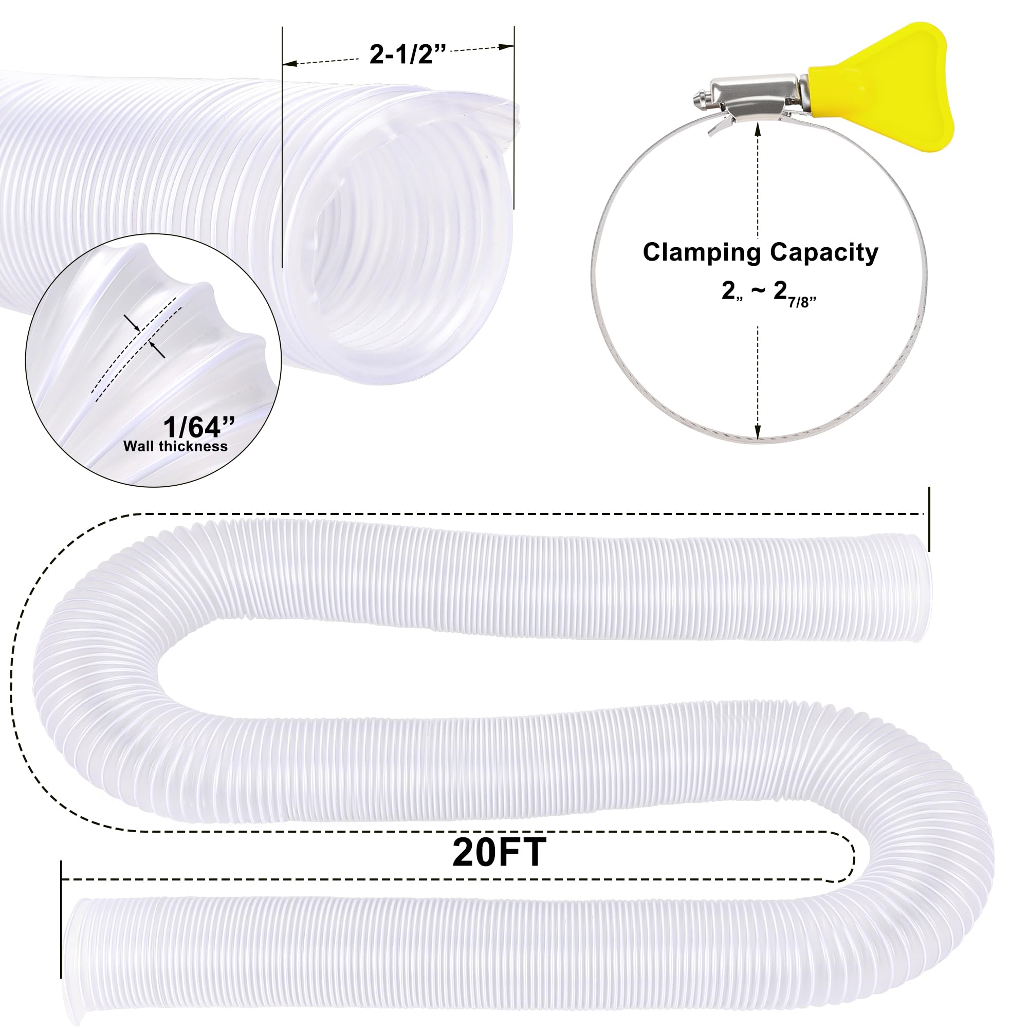 Manguera de recogida de polvo de 2-1/2 pulgadas, manguera de vacío flexible de PVC de 20 pies