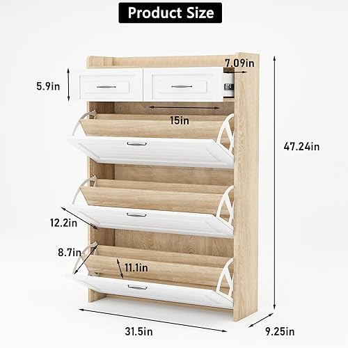 Miniatura 2 de Wekity Gabinete de almacenamiento de zapatos de madera con cajones abatibles de 3 niveles y 2 cajones deslizantes, organizador de almacenamiento de