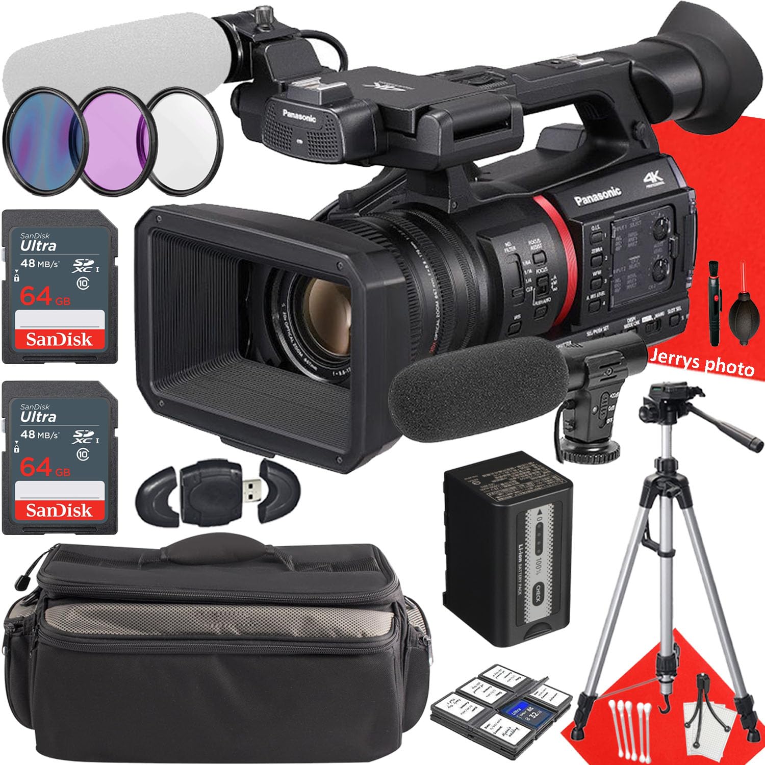 Panasonic AG-CX350 4K Camcorder + 2PC 64 GB Memory + Handle Unit + Shotgun Video Microphone + Filters + Tripod + More (21pc Bundle)