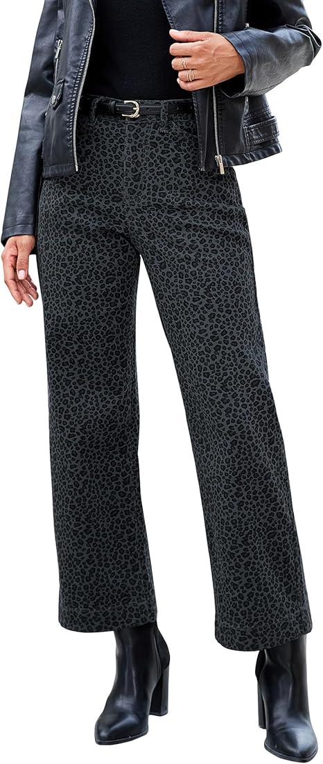 luvamia Wide Leg Jeans Woman Trendy High Waisted Leopard Cheetah Print Ankle Length Stretchy Denim Pants with Pockets