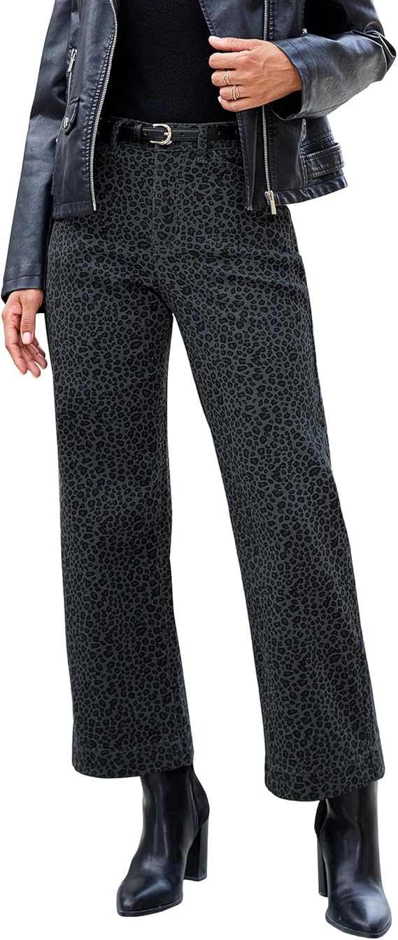 luvamia Wide Leg Jeans Woman Trendy High Waisted Leopard Cheetah Print Ankle Length Stretchy Denim Pants with Pockets