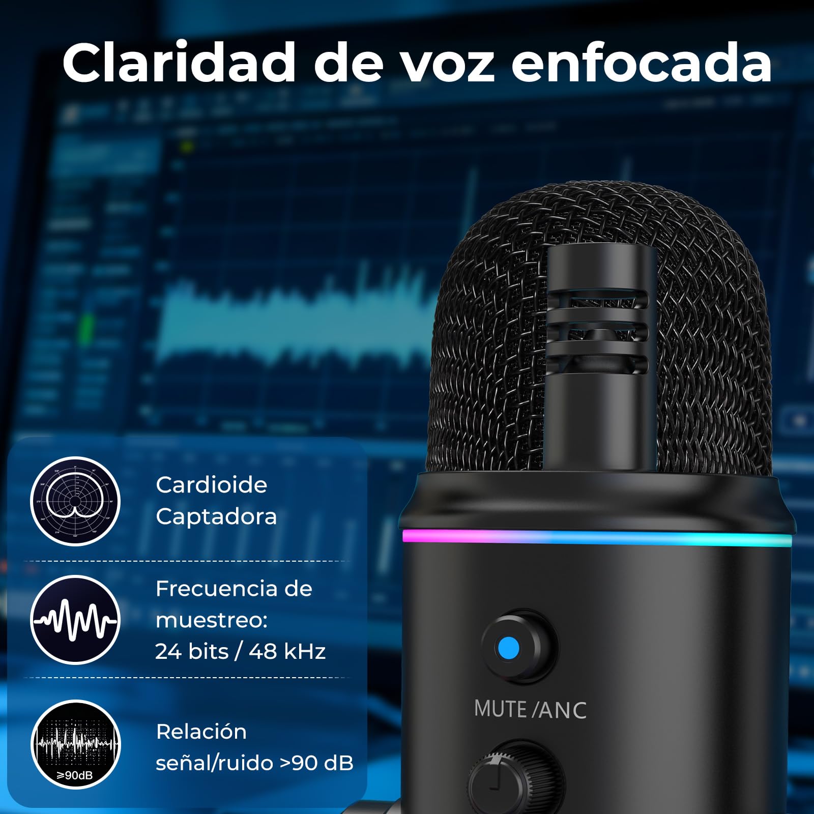zealsound Micrófono USB, Plug & Play, para podcasts, PC y teléfono, Z5 | con cancelación de Ruido, Silencio de Ganancia, Condensador de Escritorio para grabación, Streaming, Juegos, ASMR, Creadores