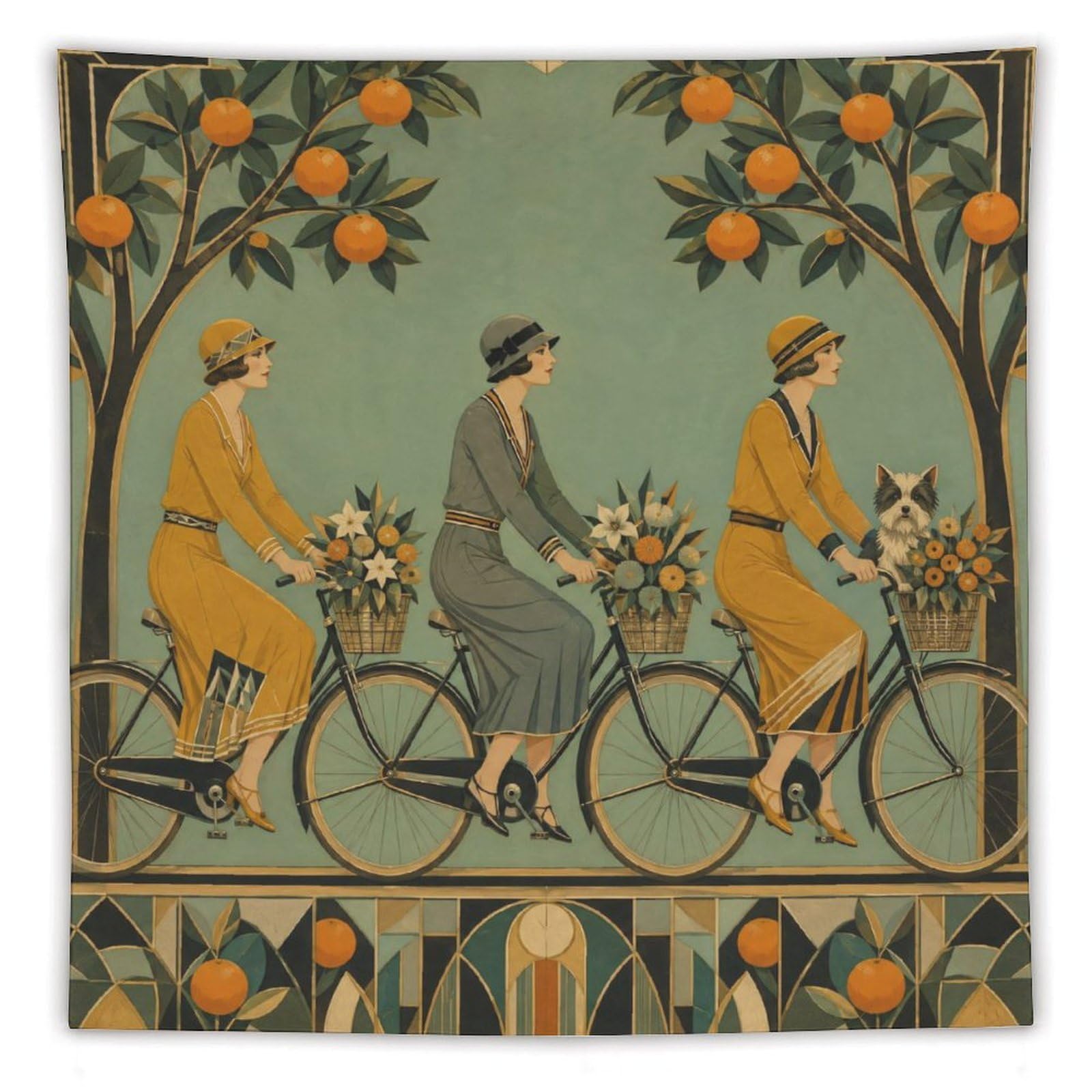 W7C8U2X3 Cyclists under Orange Trees Wall Tapestry, Ceiling Hanging