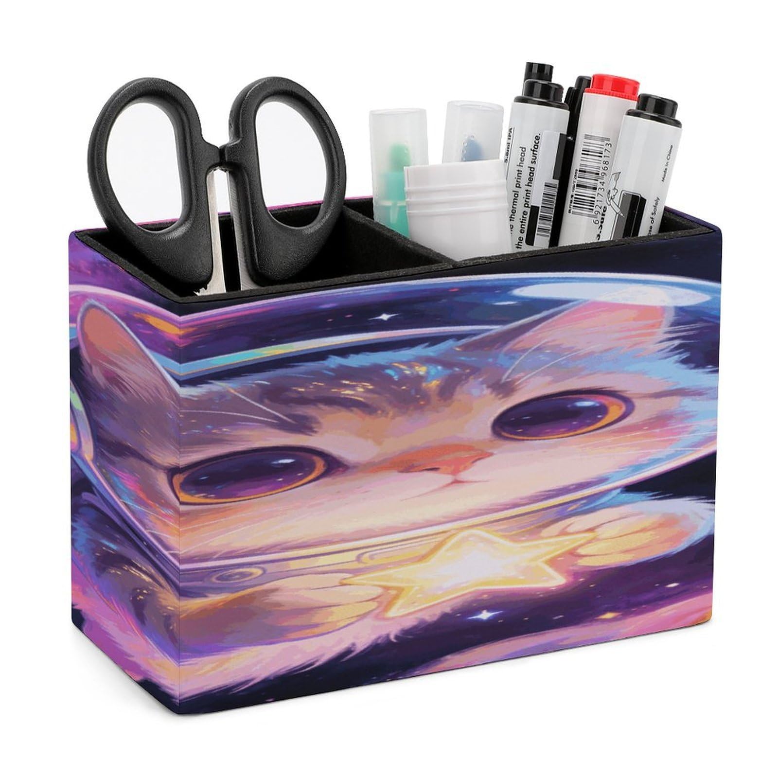 LZQPOEAS Space Cat Pen Holder Double Compartments Pen Cup Makeup Brush Holders Leather Pencil Holder Locker Organizer for Work Locker Accessories Modern Pencil Cup for Desk