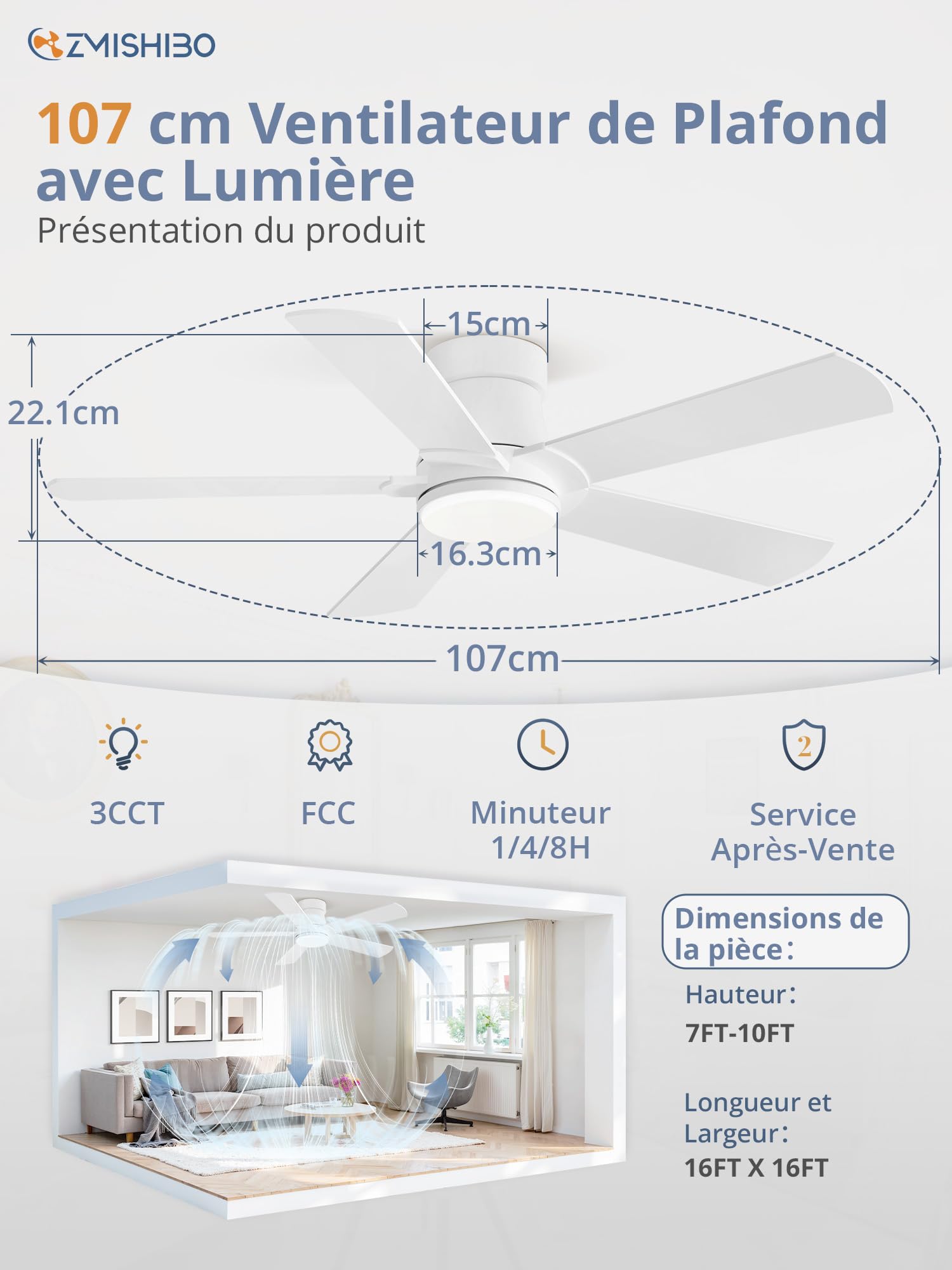 ZMISHIBO Ventilateur de Plafond avec Lumière LED Ø 107 cm, Moteur DC Silencieux, Contrôle par APP et Télécommande, 6 Vitesses, Dimmable