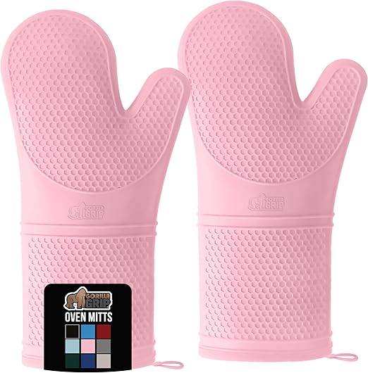 GORILLA GRIP Heat Resistant Durable Long Silicone Oven Mitts, 14.5x8.3, BPA-Free Protective Grilling Potholders, Soft Cotton Lining, Flexible Waterproof Cooking Mitt Set, Kitchen Essentials, Pink