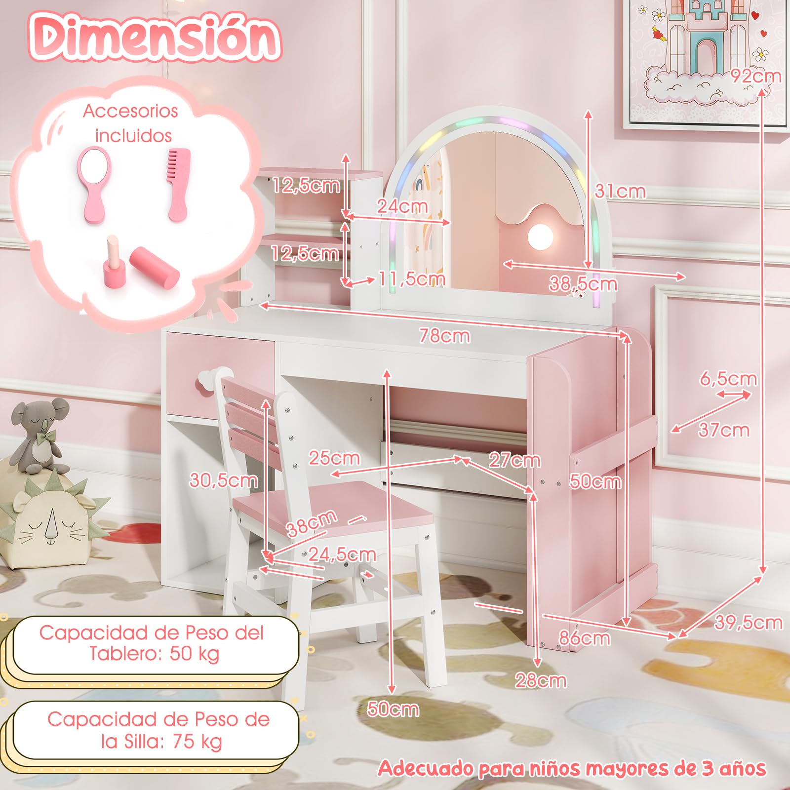 COSTWAY Tocador de Maquillaje Niña, Tocador Niña con Silla Ergonómica, Espejo Iluminado, Estantería de 2 Niveles y Cajón de Almacenamiento, Juego de Mesa de Maquillaje para Niños de 3+ Años (Blanco)