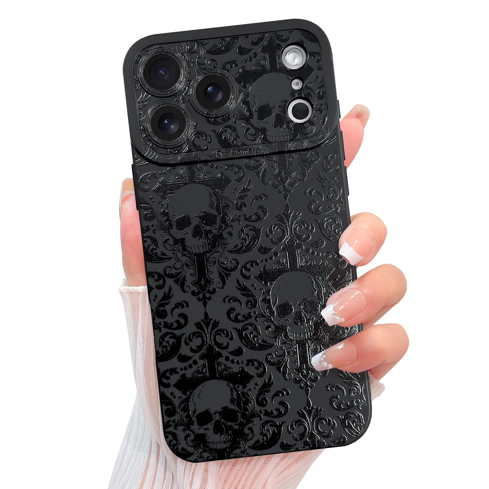 KANGHAR Progettata per iPhone 17 Pro, design estetico gotico con teschio e croce, per donne, ragazze e uomini, protezione completa della fotocamera, sottile, in morbido TPU, antiurto, colore nero