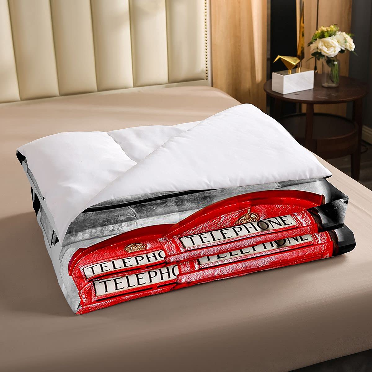 Loussiesd Londra Morbido Piumino Bambini Rosso Cabina Telefono Set di Biancheria Da Letto Romantico Città Scenario Old Street Big Ben Vintage Retro Piumino Consolatore 3 Pz 230x220cm