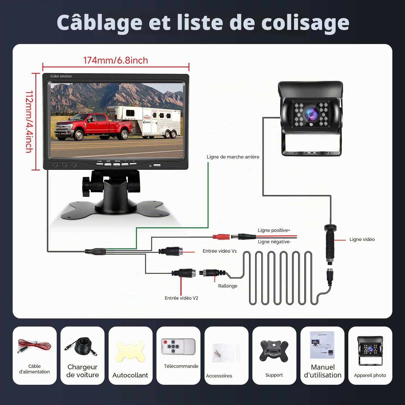 Kit caméra arrière Filaire avec écran LCD 7 Pouces, caméra de recul étanche IP68 pour Voiture, Camping-Car, Caravane, SUV, caméra arrière LED avec Vision Nocturne HD, 12V-24V