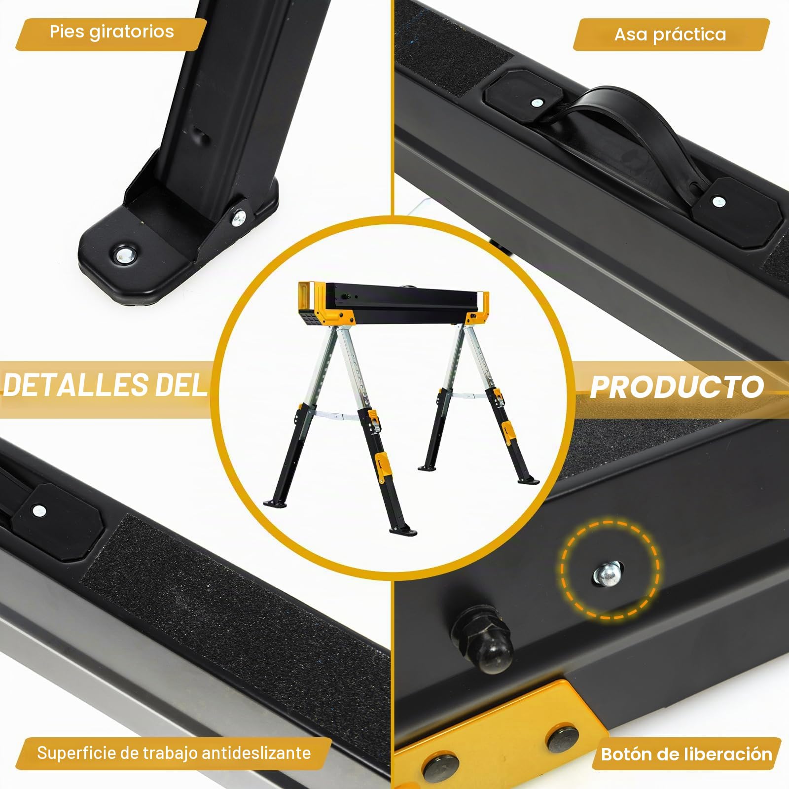GOPLUS Juego de 2 caballetes de sierra plegables, caballetes de sierra de acero con 9 niveles de altura ajustable, asas de transporte, pie antideslizante, carga 1180 kg para garaje, casa (Amarillo+