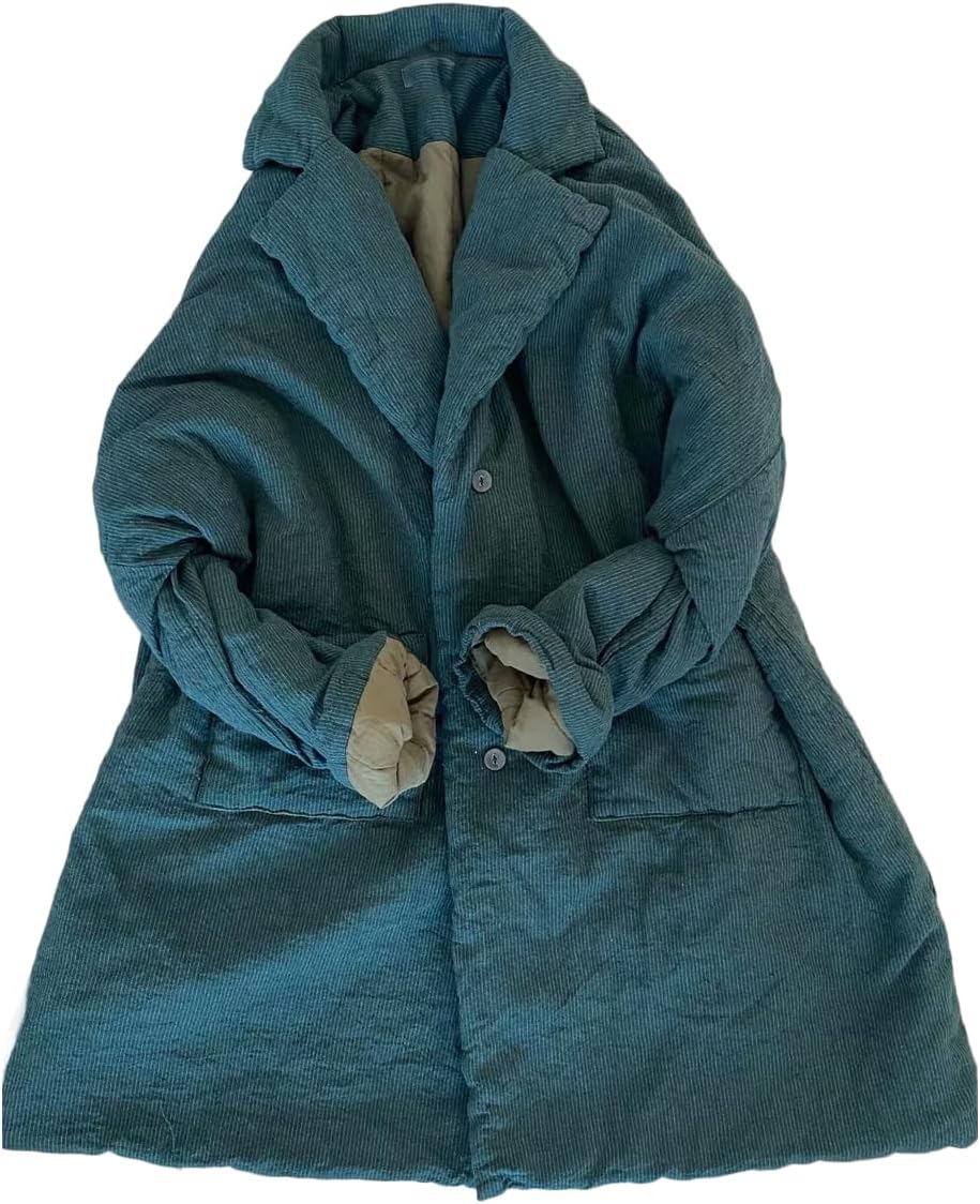 NFYM Women Cotton Linen Striped Quilted Winter Coat Loose Mid Length Notched Lapel Warm PufferJacket