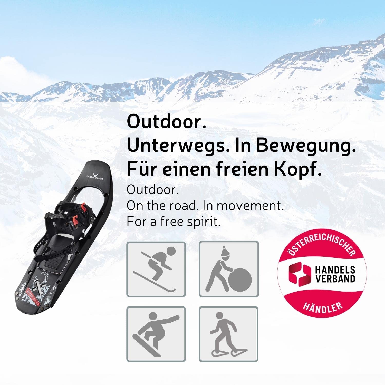 Black Crevice Racchette da neve uomo e donna I racchette da neve per escursioni in plastica leggera I Scarpe da neve per scarpe da 36 a 48 I Due diverse misure per carico