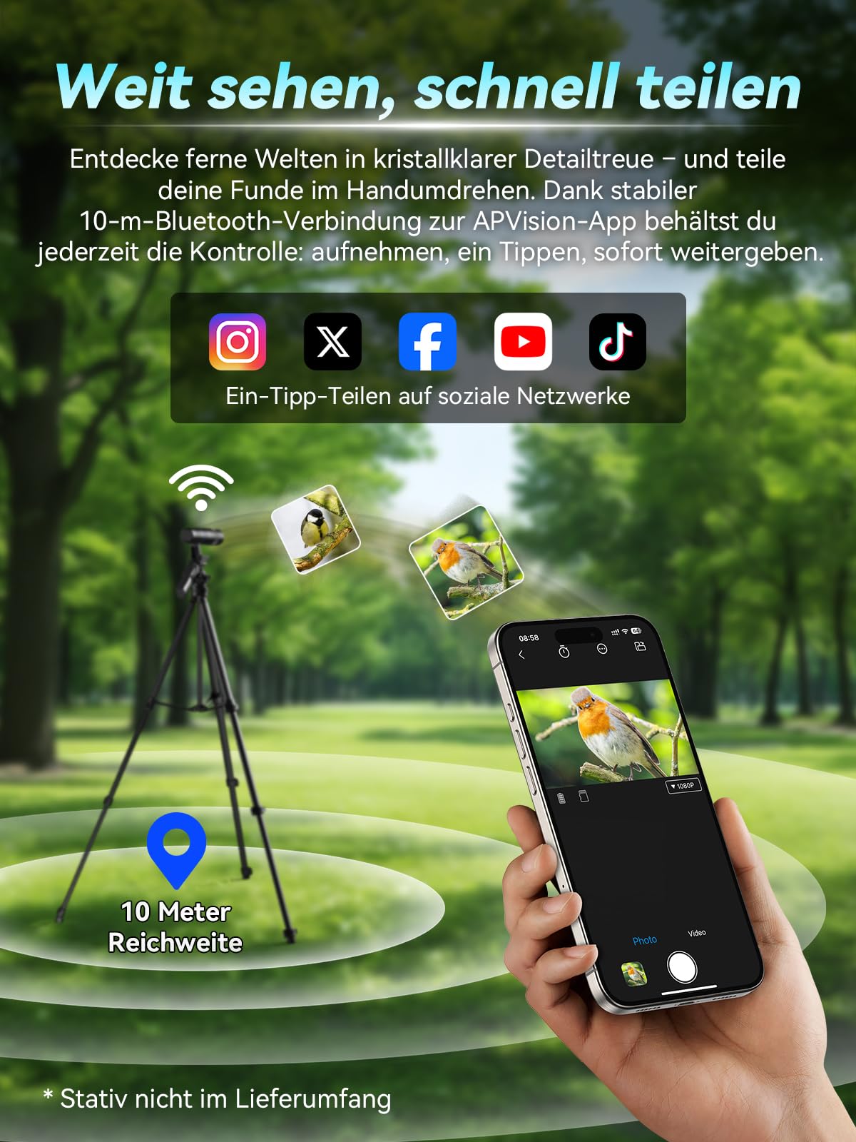 APEXEL 45X Hochleistungs-Objektiv für Smartphones, Digitale Drahtlose Telefonkamera mit APP-Steuerung, Tragbares Teleskop für Vogelbeobachtung, Wildlife, Reisen, Sport