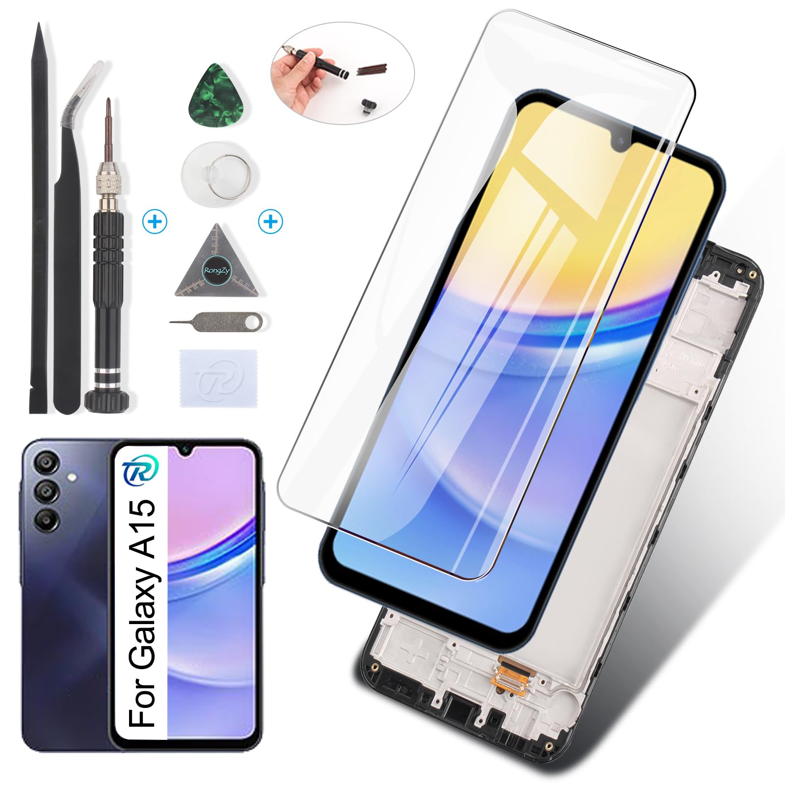 RongZy für Samsung Galaxy A15 5G A156B OLED LCD Bildschirmersatz für Samsung Galaxy A15 4G A155F Touchscreen Digitalisierer Display mit Werkzeugen(OLED,Schwarz mit Rhamen)